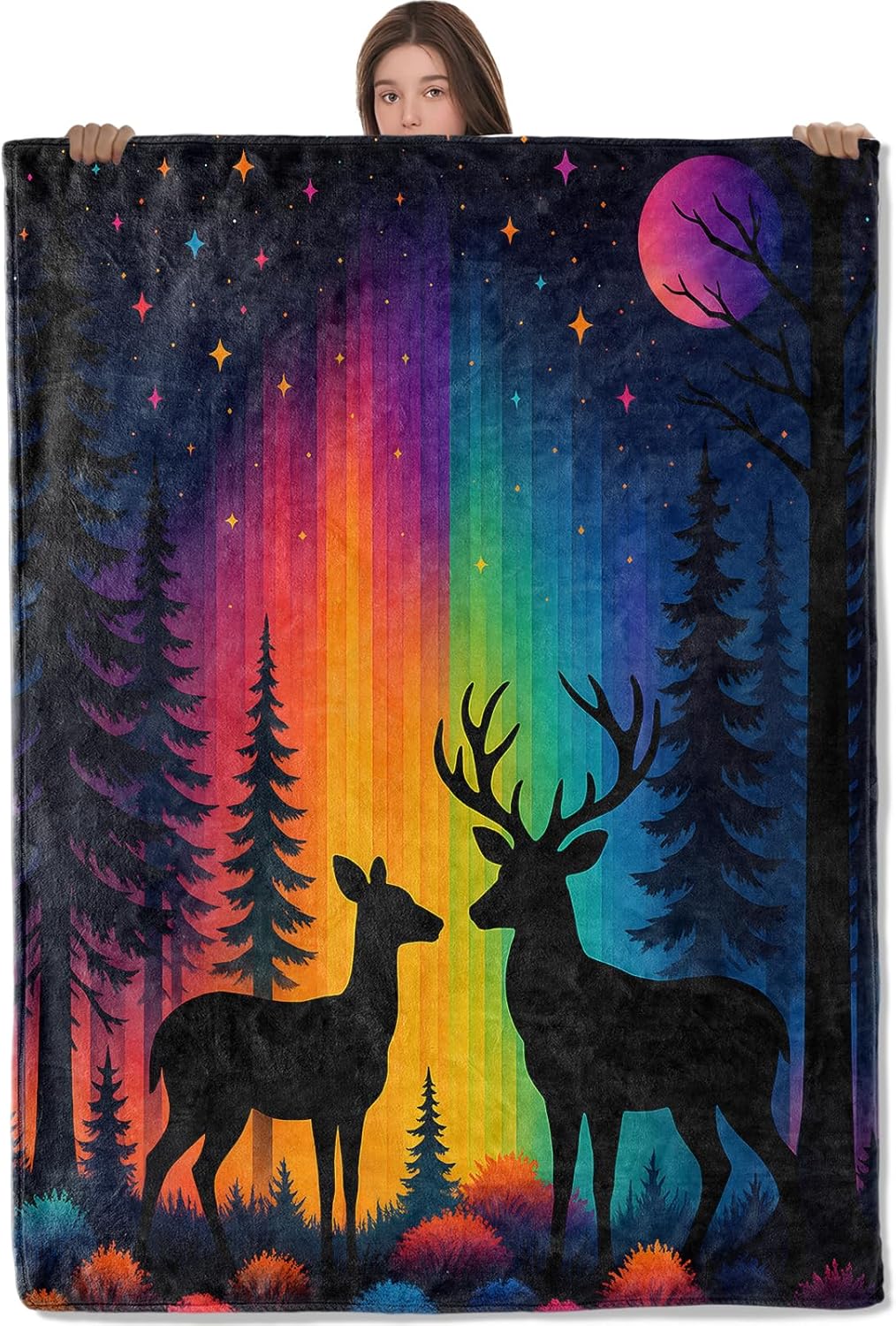 Deer in Northern Lights Blanket, Comfy & Warm Flannel Colorful Aurora Borealis Forest Throw Blanket for Couch, Gifts for Women, Soft Fuzzy Lightweight Travel Bed Blankets for Decor 50"×60"