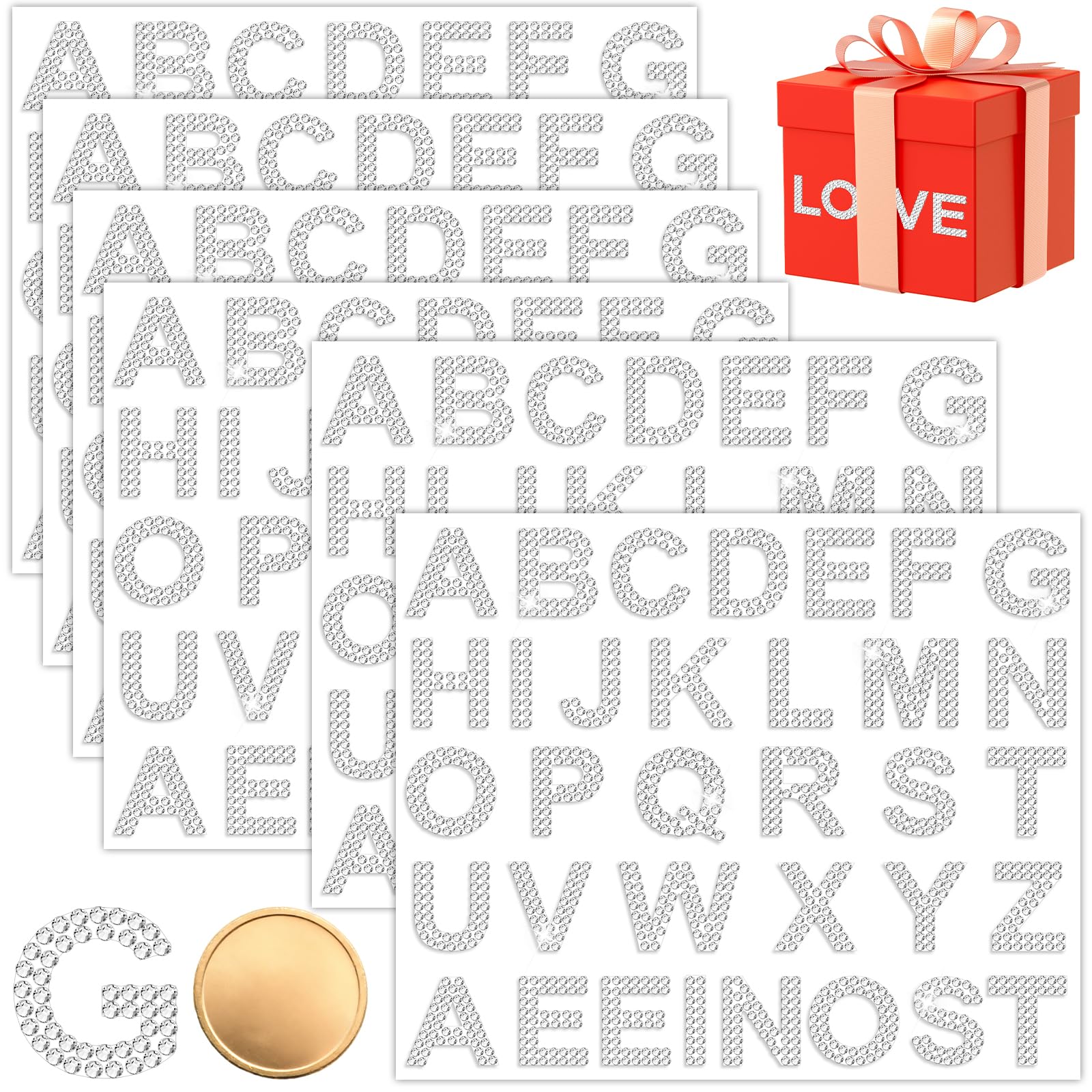 204 Pcs Rhinestone Letter Stickers 1 Inch Silver Crystal Diamond Gem Border Sticker 6 Sheets Self Adhesive A-Z Letter Stickers Small Glitter Bling Alphabet Sticker for DIY Craft Supplies Decorations