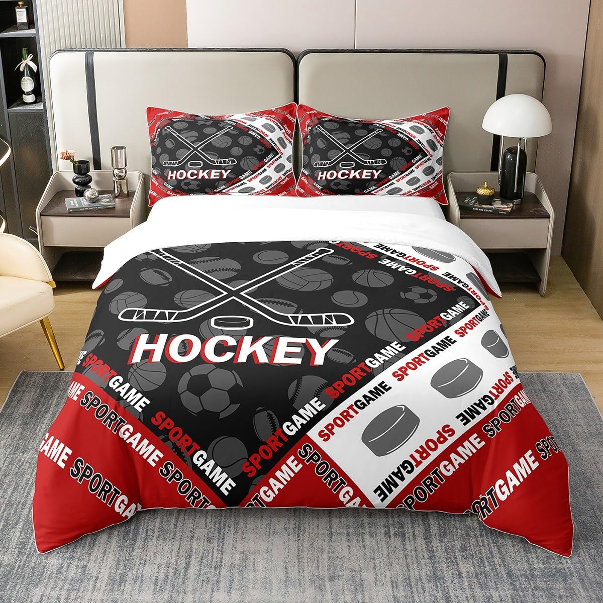 Set di biancheria da letto in 100% cotone naturale con motivo hockey su ghiaccio, rosso, nero, bianco, con palline, per bambini, ragazzi, adolescenti, adulti, stile moderno, stile sport estremi, con 1