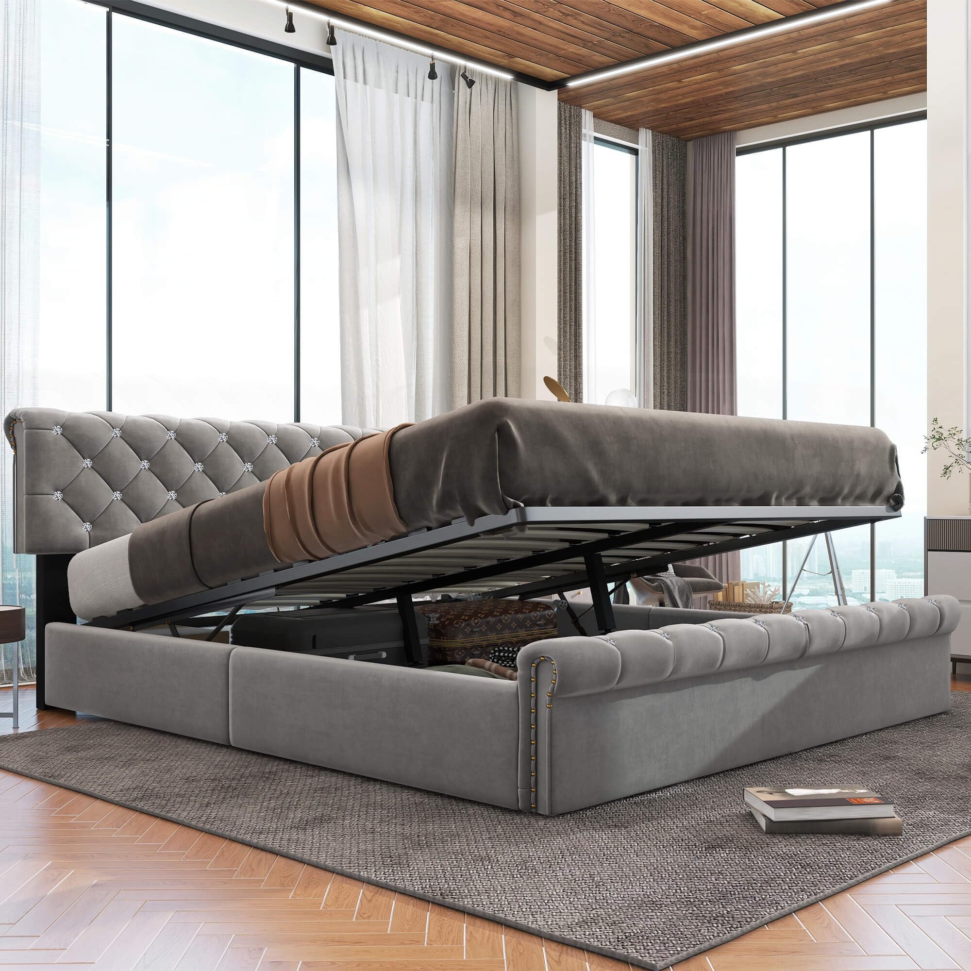 HYUB Gestoffeerd bed 180x200CM met opberglade en lattenbodem uit metalen frame, hydraulisch opbergbed met in hoogte verstelbaar hoofdbord, onderste bed met vuilafstotende zwarte vliesstof