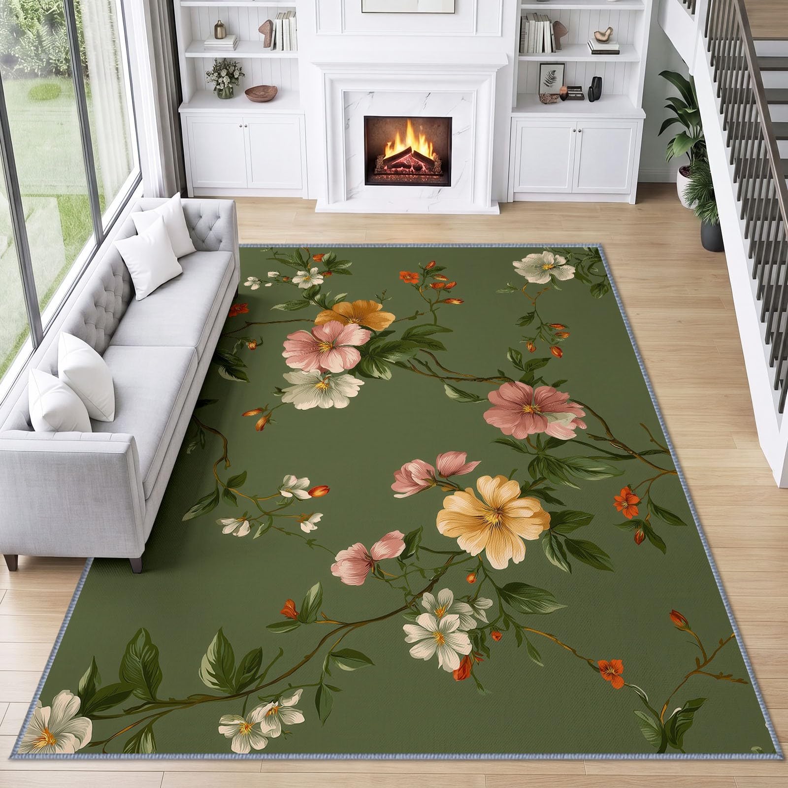 Générique Fleur Feuille Vert Foncé Tapis Salon 140x200 cm Lavable en Machine, Bohème Rétro Pastoral Tapis AntidéRapant Doux Poil Ras, pour Salon, Chambre et Salle à Manger