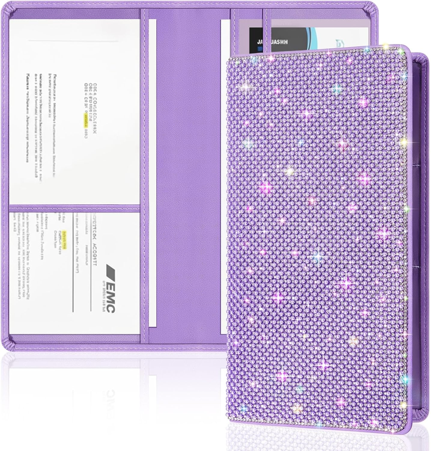 Honeydak Bling Sparkly Car Accessories for Women Pearl Rhinestone Car Registration and Insurance Holder Personal Vehicle Registration Organizer for Card License Gift for Valentine's Day(Purple)