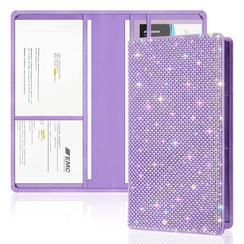 Organizador de Porta-Luvas para Documentos do Carro Honeydak com Fecho Magnético, Acabamento Perolado e Strass Roxo