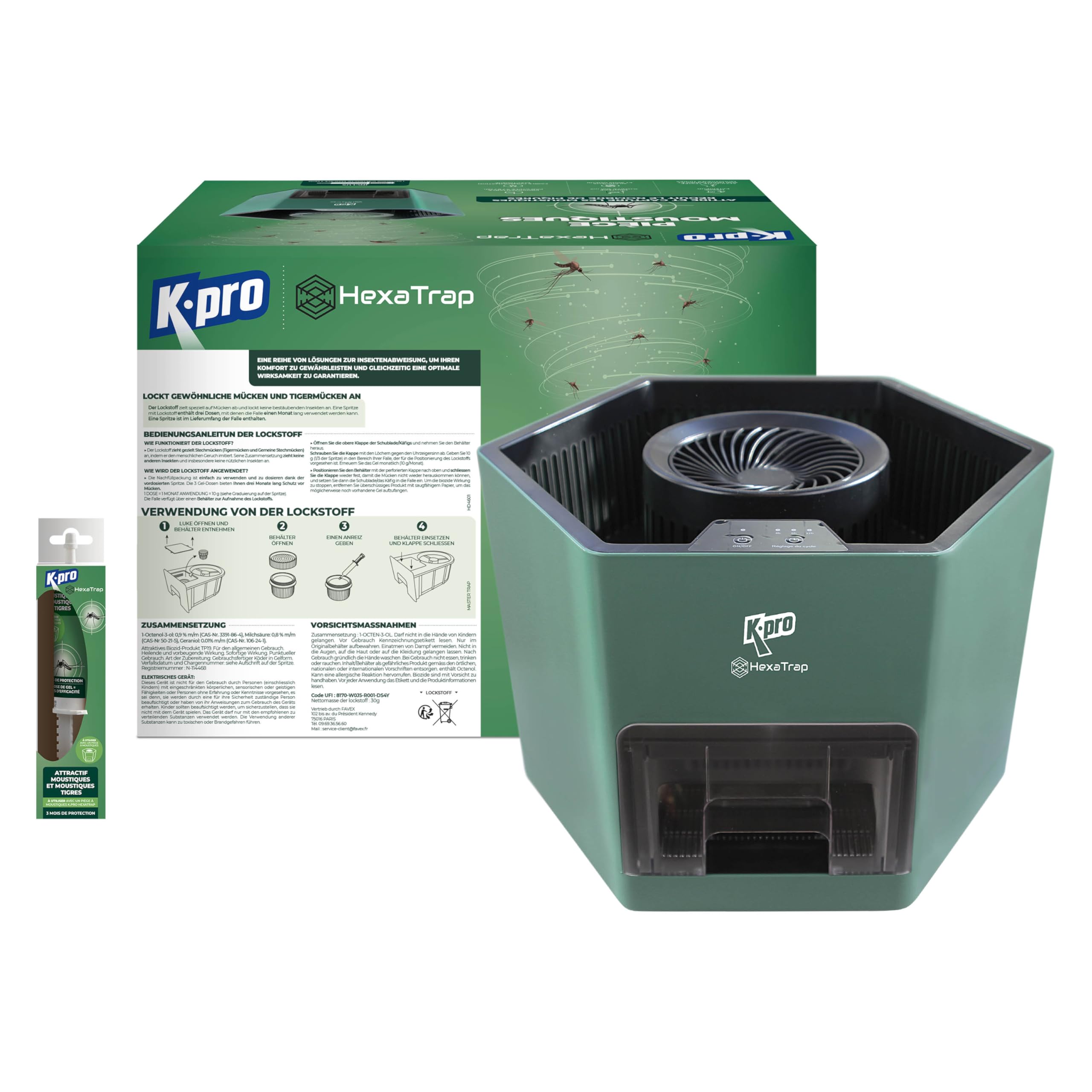 K.PRO Elektrische Mückenfalle + 1 Lockstoff-Spritze | Mücken und Tigermücken, lockt und fängt ein, Hexatrap, 3 Monate Ruhe, Verwendung im Freien, leise und geruchlos