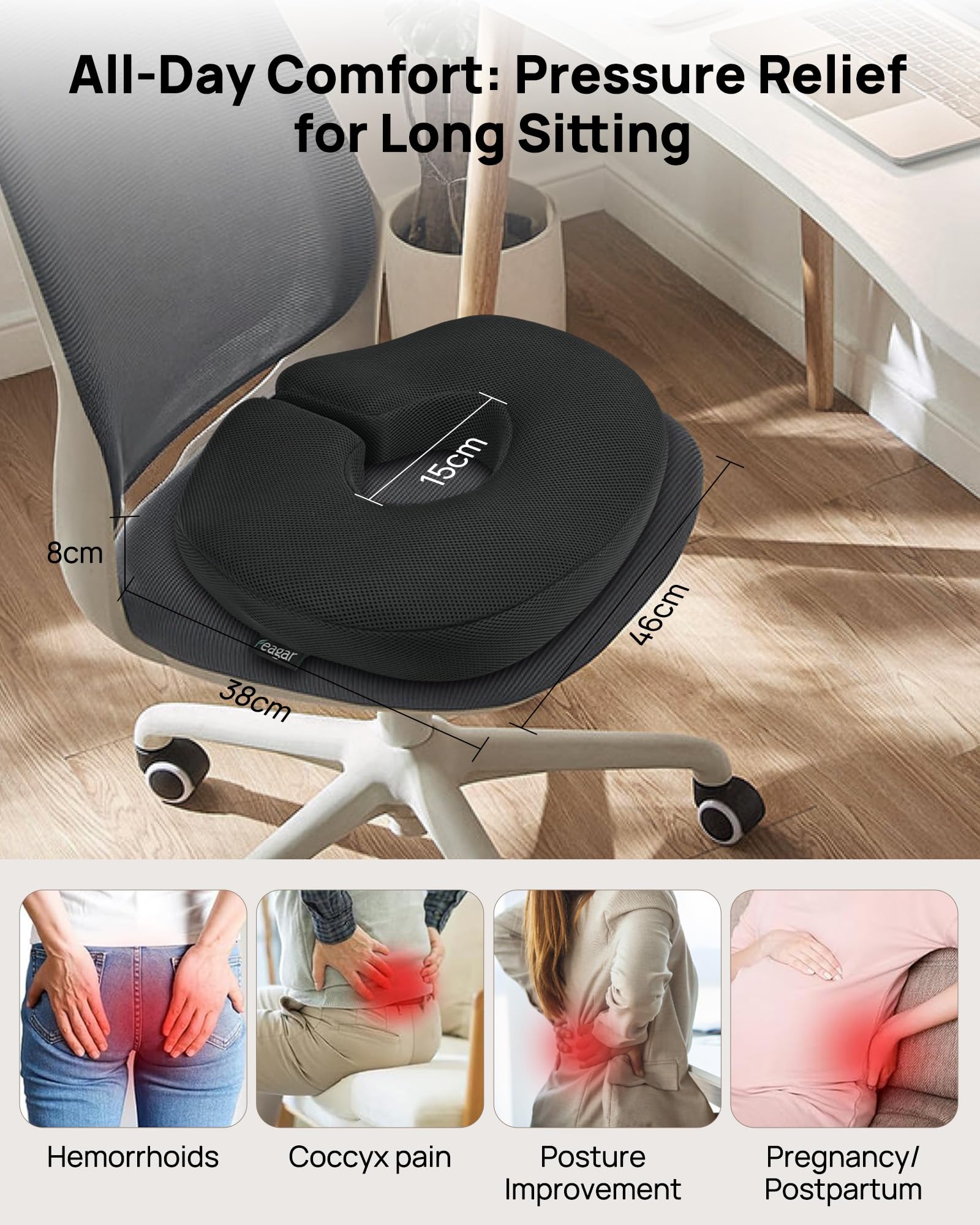 Feagar Cojín Donut Ortopédico Espuma Viscoelástica Hemorroides Postnatal | Alivio Para Coxis Y Ciática Con Funda Lavable Para Asiento De Coche, Silla De Ruedas, Silla De Oficina, Gaming Y Viajes
