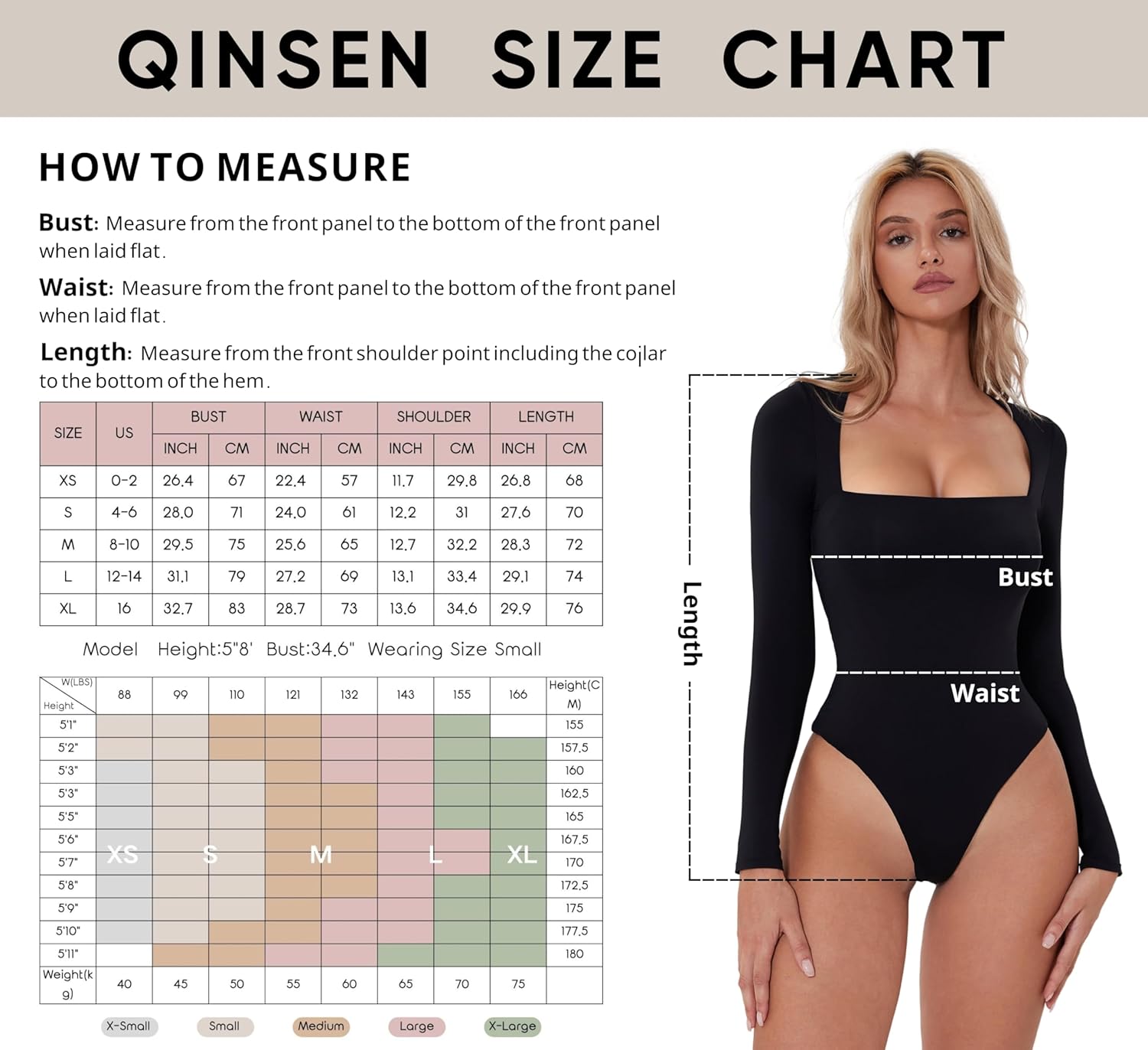 QINSEN Women's Sexy Square Neck Bodysuit Long Sleeve Double Lined Shirt Tops - Image 5