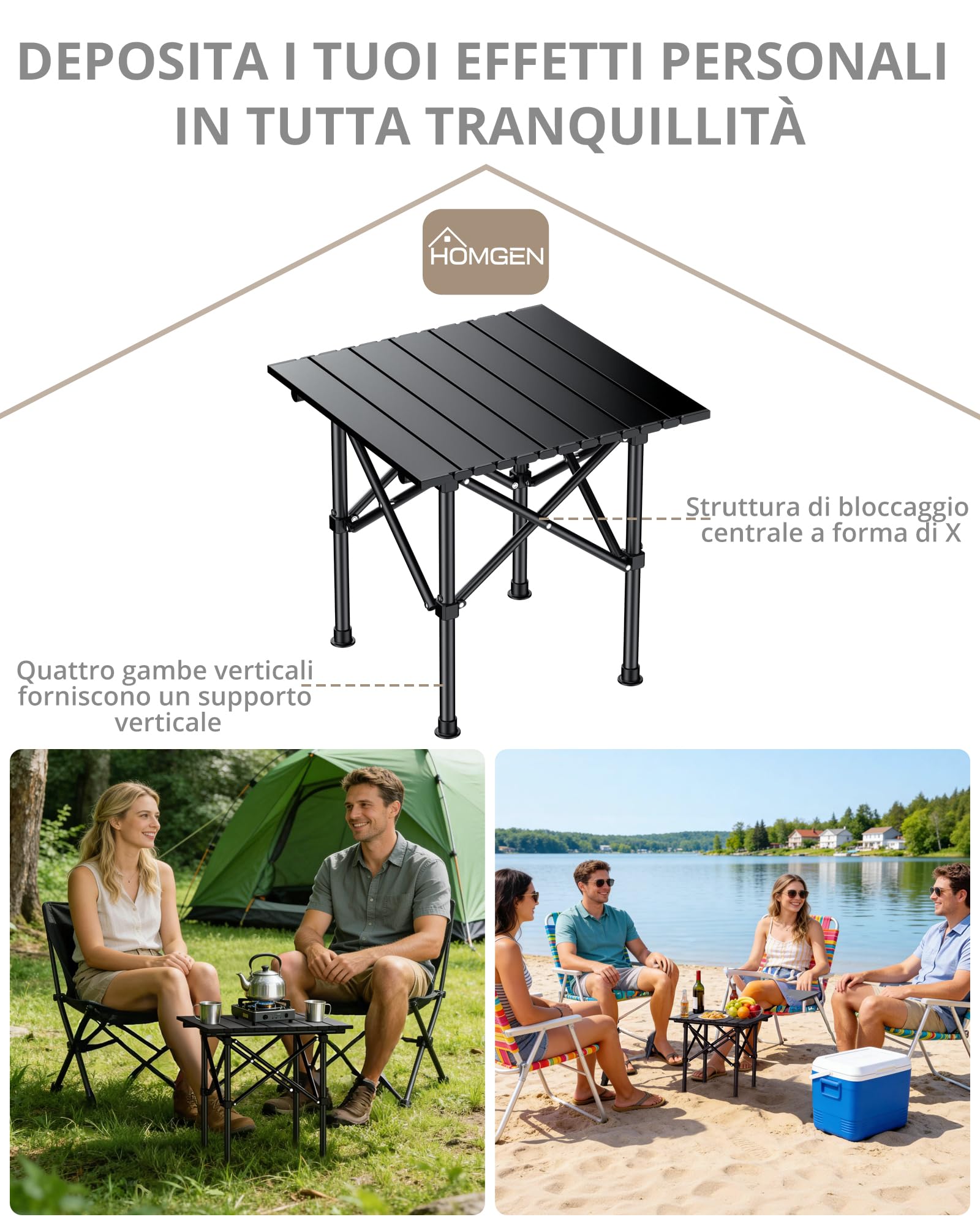 HOMGEN Tavolino Pieghevole da Campeggio in Acciaio Carbonio 40x40x40cm, Stabile Anti-Shake, Montaggio in 3 Passaggi, Ultraleggero 1.7kg, Portatile per Spiaggia Balcone Picnic con Borsa di Stoccaggio