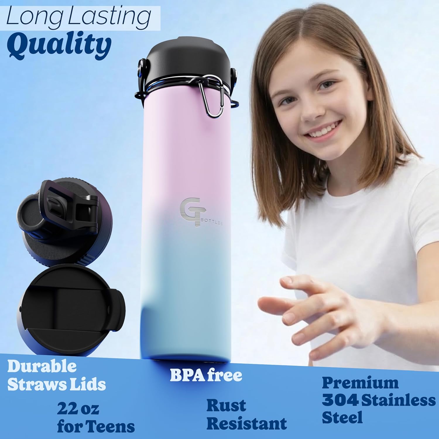 22oz Insulated Stainless Steel Water Bottle with 3 Lids & Paracord Handle – Leakproof Wide Mouth Metal Sports Bottle for Gym, School & Travel (Light Purple/Sky Blue, 22oz)