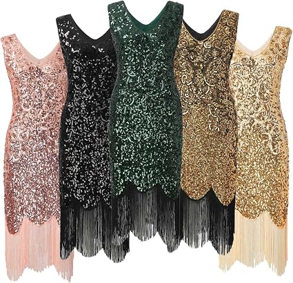 Robe Charleston Femme Années 20 – Robe Gatsby à Franges Pailletées, Col Rond, Manches Courtes, Cocktail & Carnaval