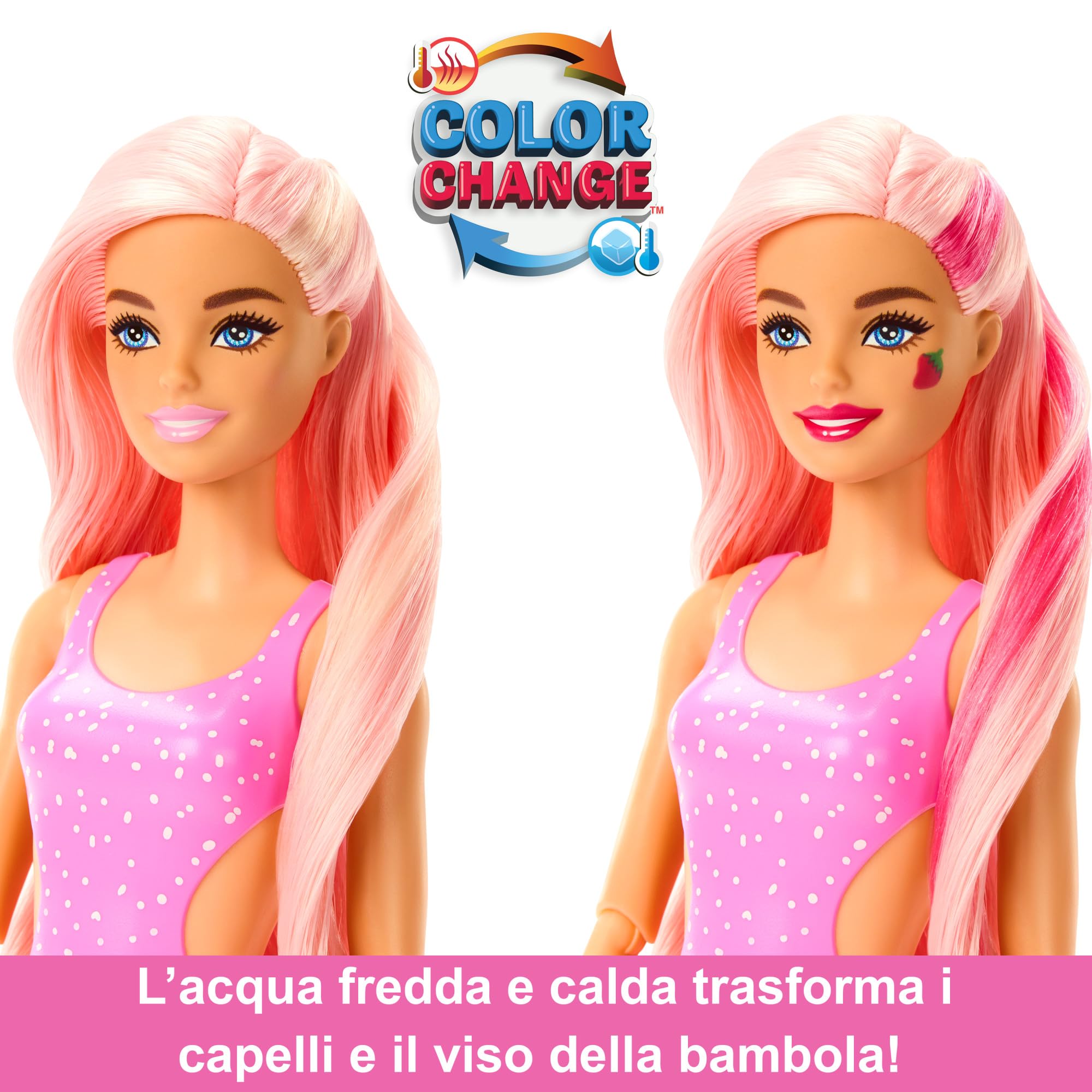 Barbie - Pop Reveal Serie Frutta, Bambola a Tema Limonata di Fragole con 8 sorprese profumate e con Effetto Cambia Colore, Cucciolo e Accessori Slime Inclusi, Giocattolo per Bambini, 3+ Anni, HNW41