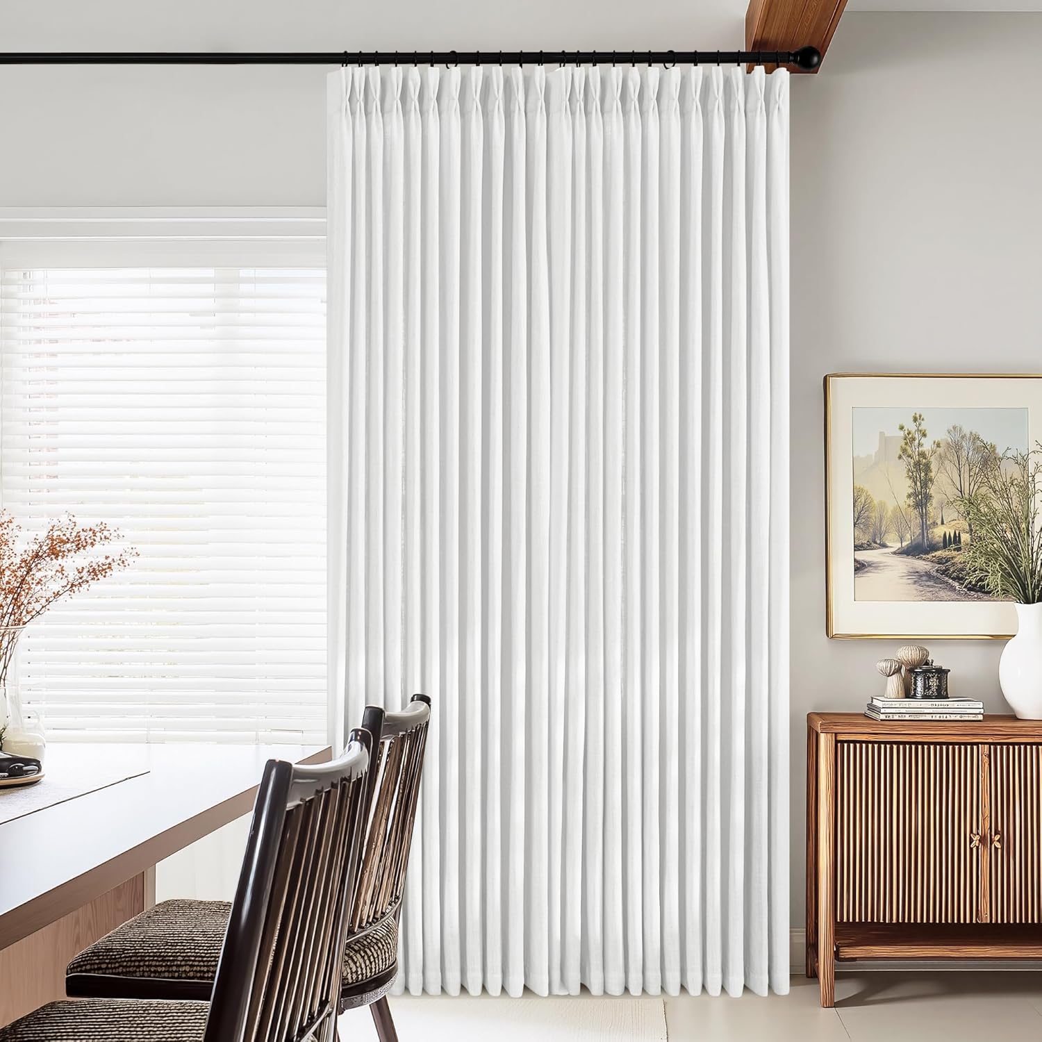 PONY DANCE Off White Linen Curtains 96 Inches Long 2 Panels Set for Living Room, Natural Thick Linen Flax Pinch Pleated Memory Trained Light Filtering Semi Sheer Curtain for Dining Bedroom Office