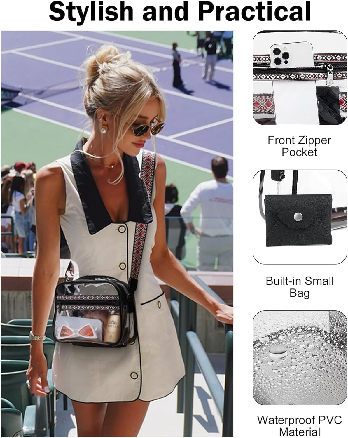 FADEON Clear Stadium Bags for Women, Designer Leather Clear Crossbody Purse Large Transparent Bag with Wide Strap for Events - Image 7