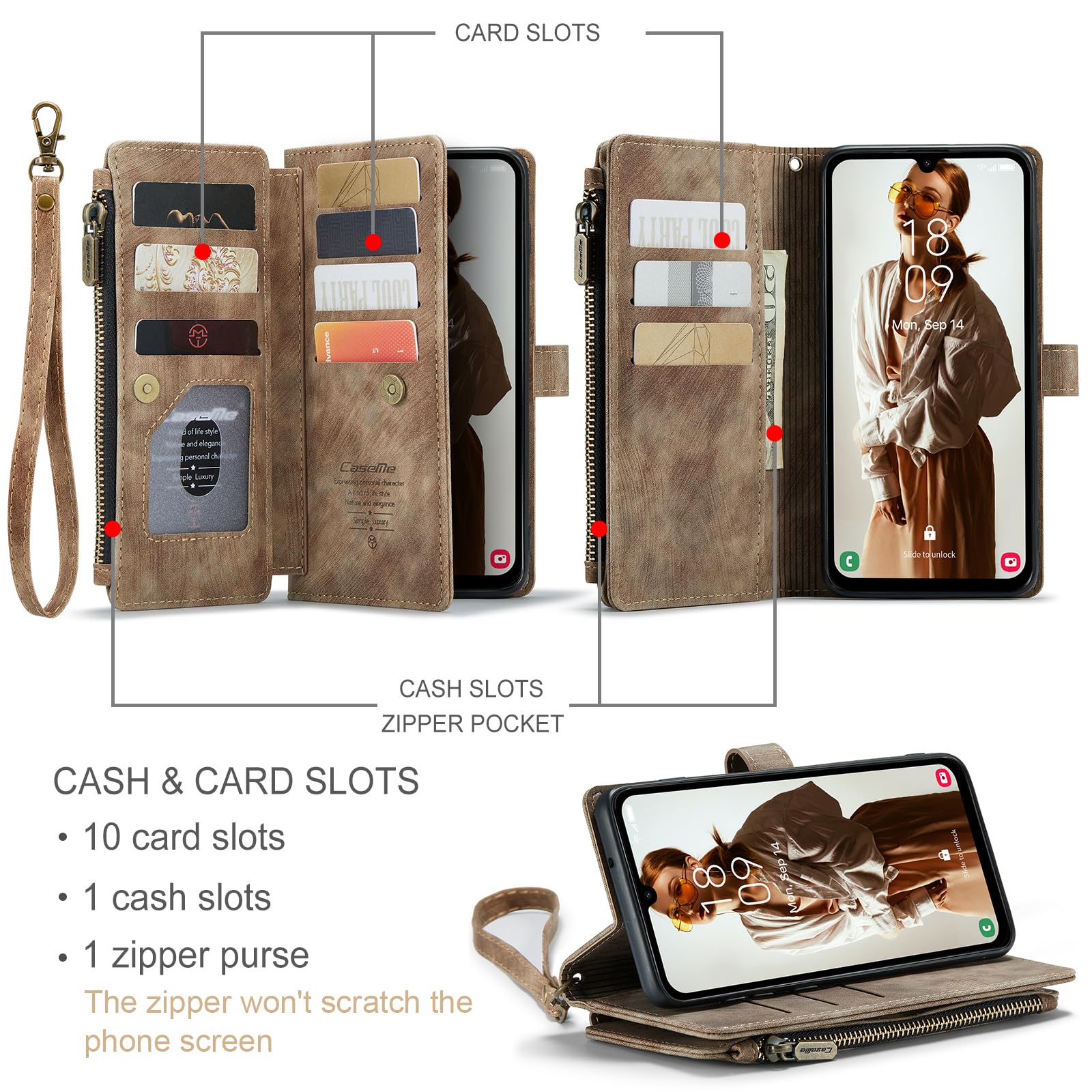 UEEBAI Funda tipo cartera para Samsung Galaxy A15 4G/5G, funda de piel sintética hecha a mano de primera calidad, ranuras para tarjetas, cierre magnético, bolsillo con cremallera, función atril, funda