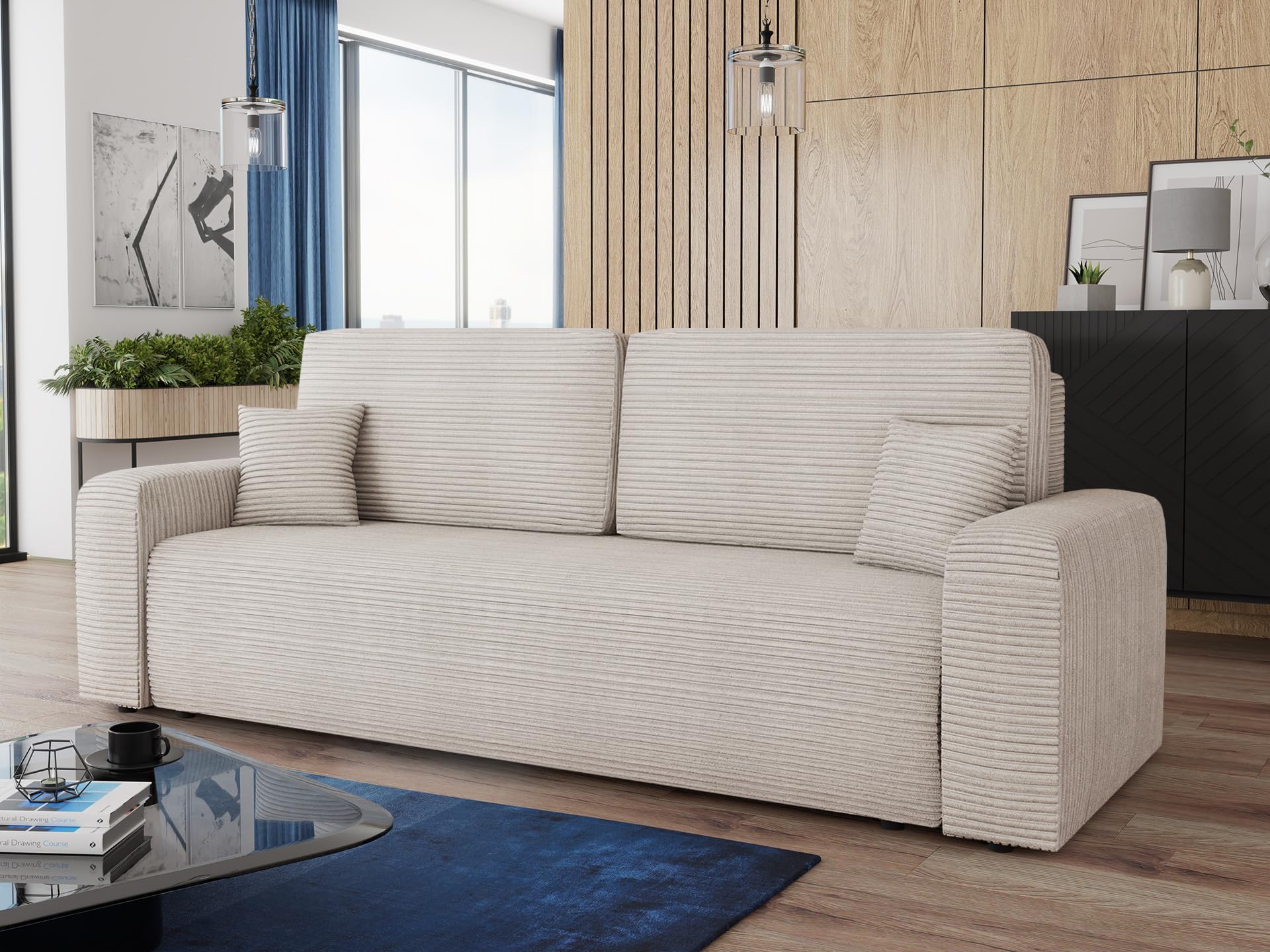 Sofnet - Schlafsofa Spark mit Bettkasten (Beige, Poso 100) | Sofa mit Schlaffunktion, Bettsofa, Polstersofa, Bonellfederkern, Cordstoff, große Schlaffläche, TOP Design