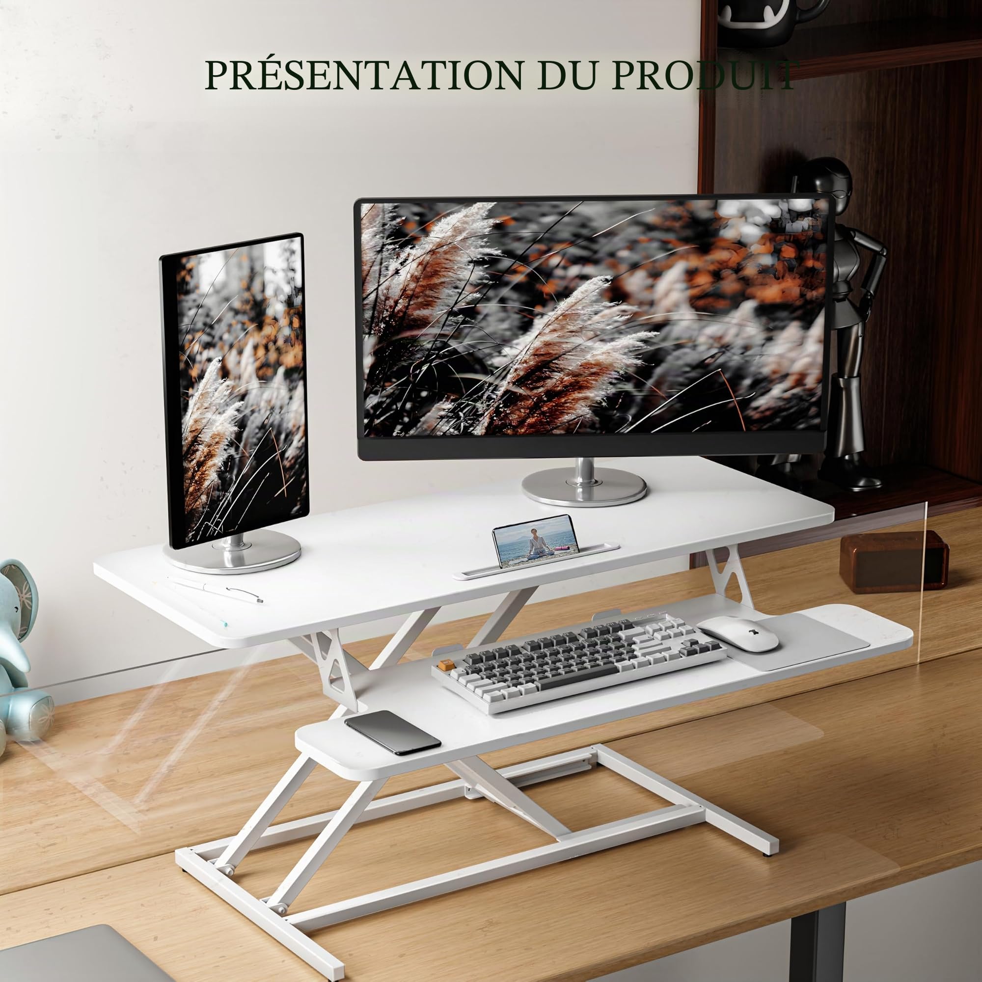 ERGOMAKER Convertisseur de Bureau Debout réglable en hauteur 101 x 40 CM,Bureaux et Postes de Travail,Avec Deux écrans et Plateau Pour Clavier(Blanc)