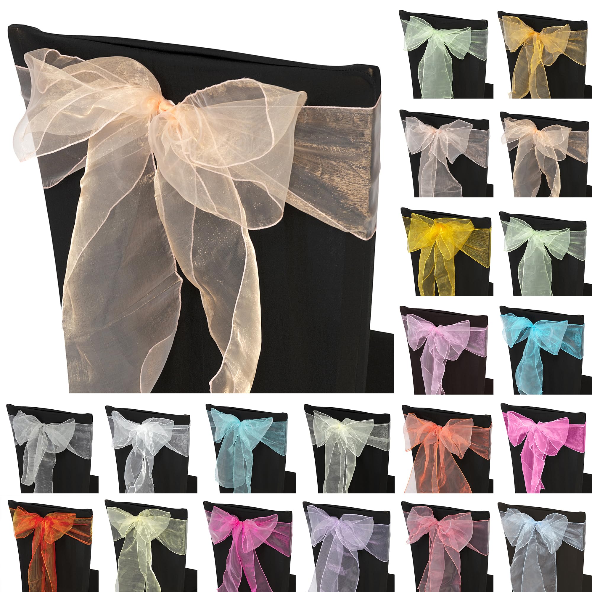 Trimming Shop Organza Chair Sashes - Peach - Sheer Sash Ties, 17x280cm Reusable Organza Fabric Seat Bows for Wedding Chairs, Proms, Dining Table Styling & Event Decorations, 50pcs โ image 1
