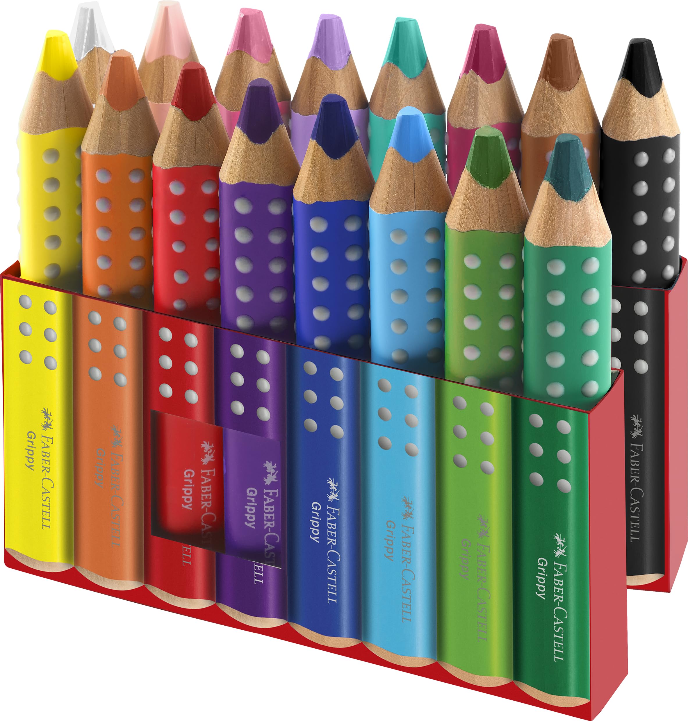 FABER-CASTELL 110645 Grippy zestaw 16 kredek Jumbo dla małych dzieci, łatwe do zmywania kredki dla dzieci, ergonomiczny trójkątny kształt, grube kredki, wkład o grubości 10 mm, temperówka w zestawie