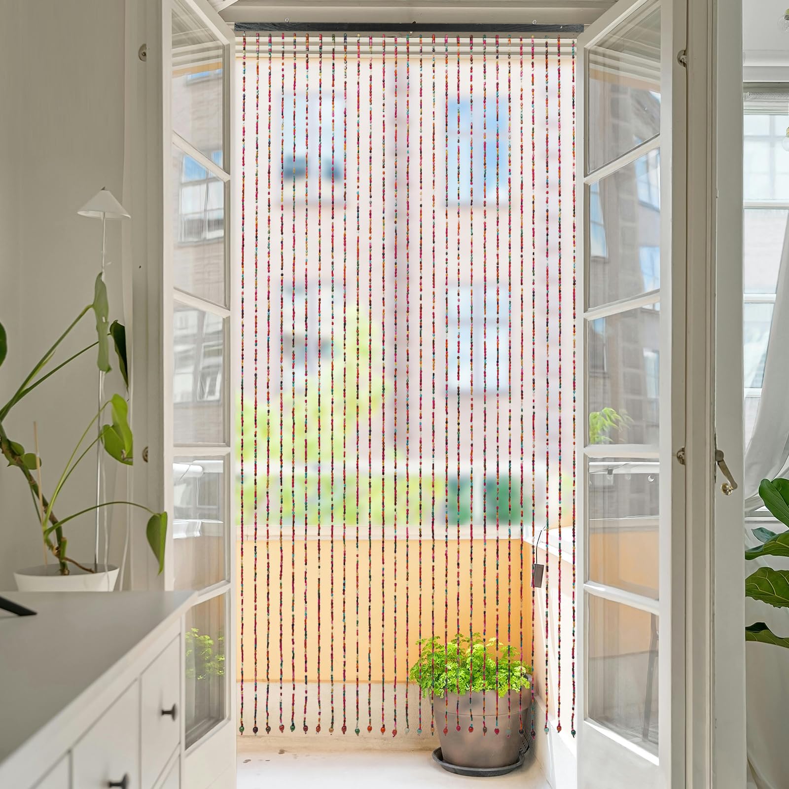 Rideau de porte en perles de bambou - 27 brins - Arc-en-ciel - Bois naturels multicolores - Rideau à fils - Anti-insectes - 90 x 175 cm