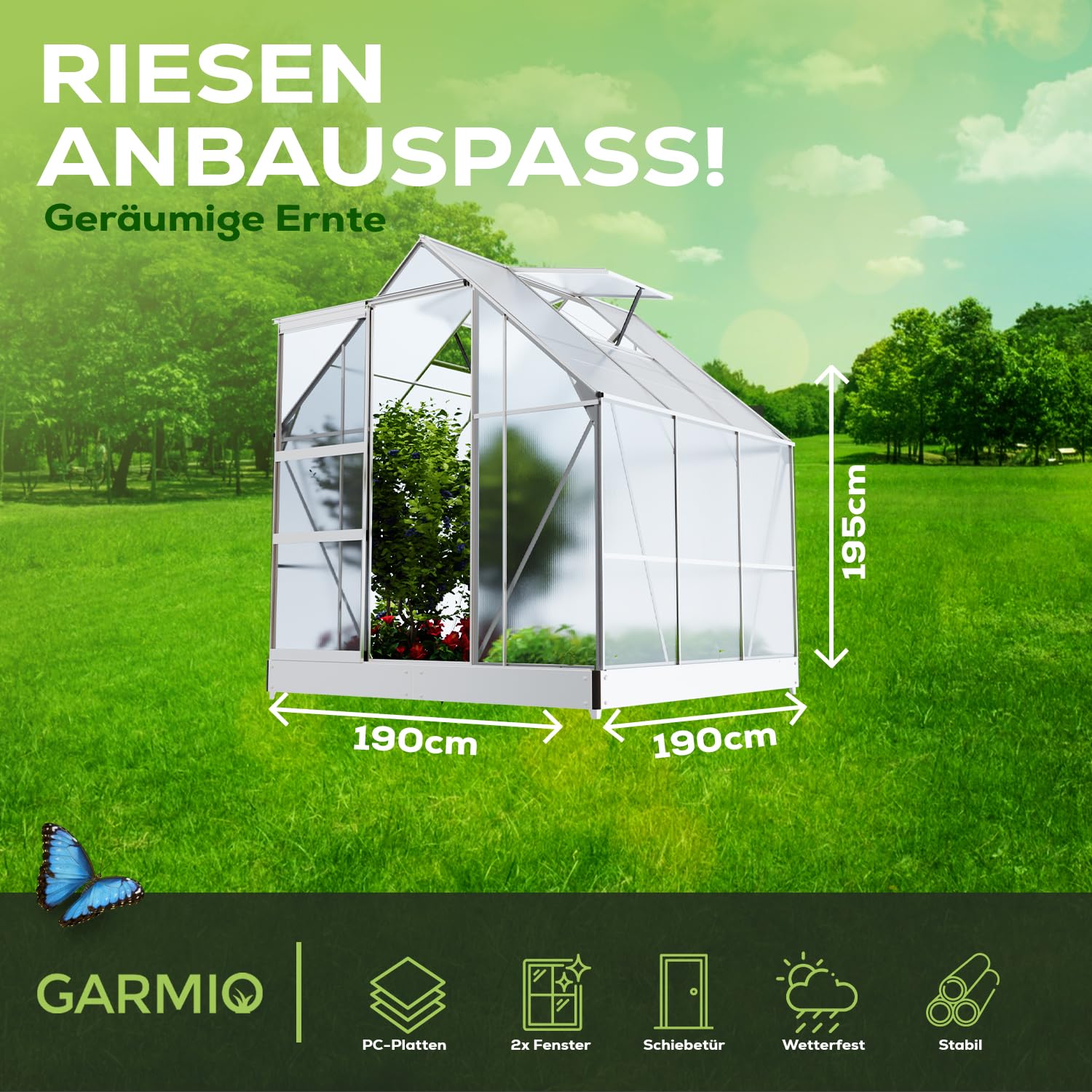 GARMIO® Gewächshaus Cuneo 190x190cm für den Garten, Alu Frühbeet inklusive Fundament, 2 Dachfenster Treibhaus Aufzucht Pflanzenhaus Tomatenhaus 3,7m² UV-Schutz