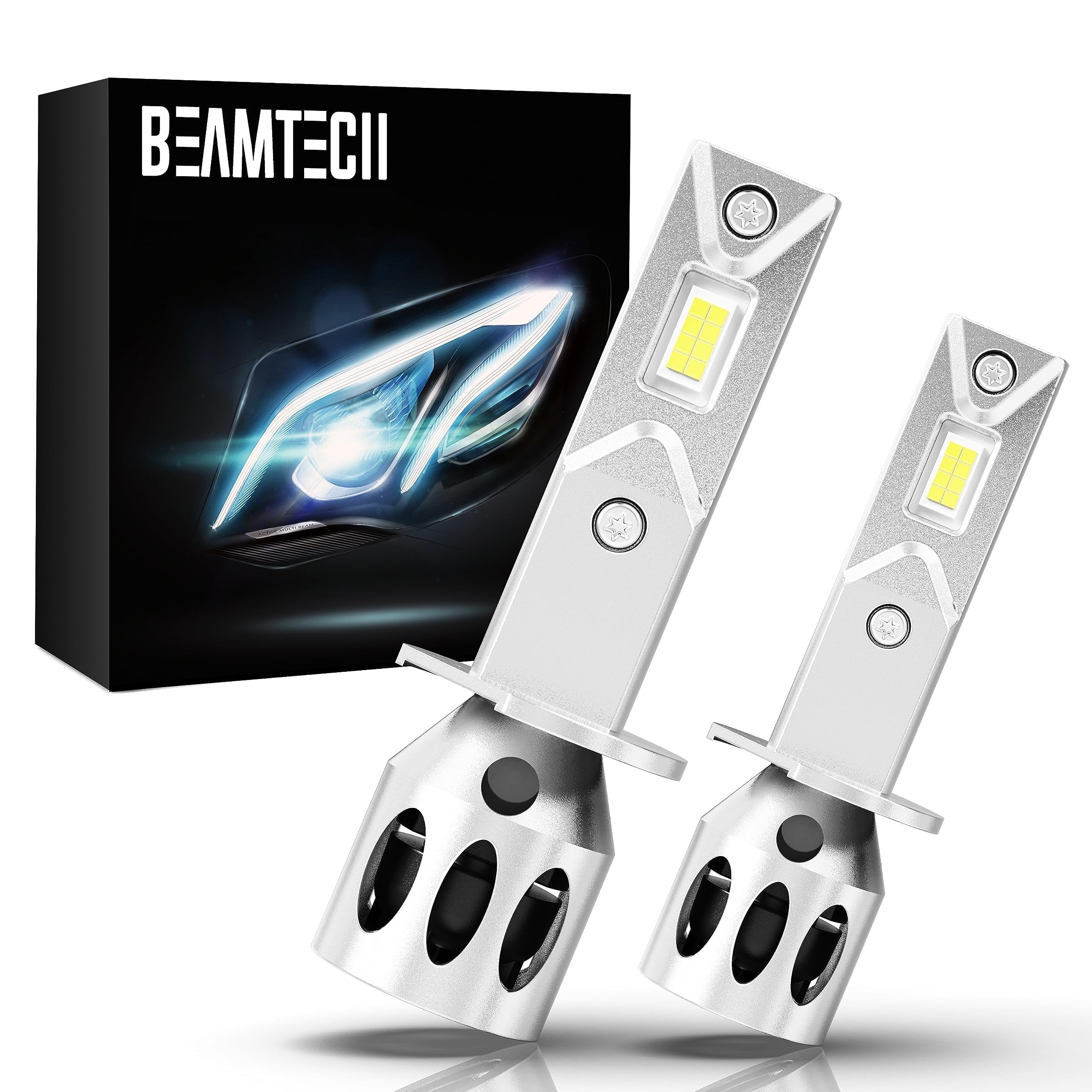 BEAMTECHUpgraded H1 LED Bulbs, Mini Size 16000LM 60W 6500K Cool White H1ll Halogen Replacements, 2 Bulbs