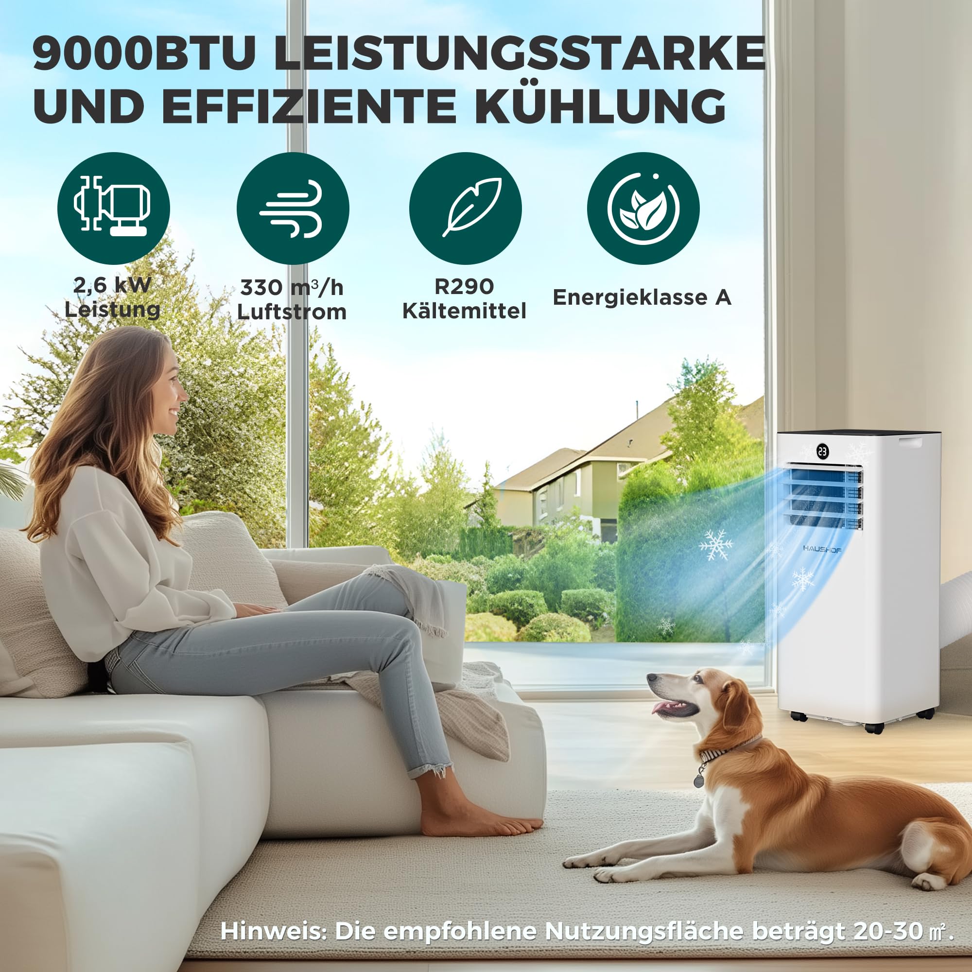 HAUSHOF Mobile Klimaanlage 9000 BTU, 4-in-1 Klimagerät mit Abluftschlauch & Isolierhülle, Kühlen/Entfeuchten/Ventilieren/Nachtmodus, 330 m³/h, mit Fensterdichtungsset, für Räume bis 30 m²