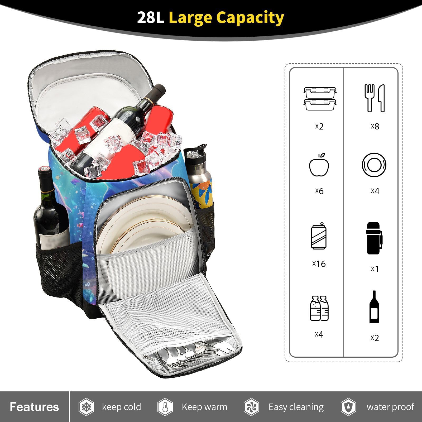 Dolphin Colorful Ocean Cooler Backpack Cooler Insulated Leak Proof Lunch Backpack 36 Cans Waterproof Soft for Men Women Picnic Hiking Camping Beach