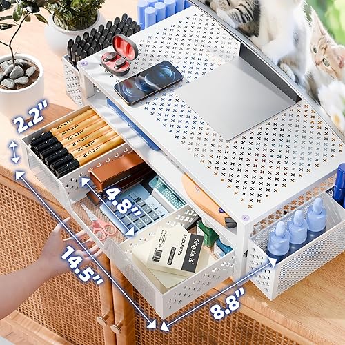 Miniatura 4 de Simple Trending Soporte de monitor de metal de 2 niveles para monitor y organizador de escritorio de computadora con cajón y soporte para bolígrafo