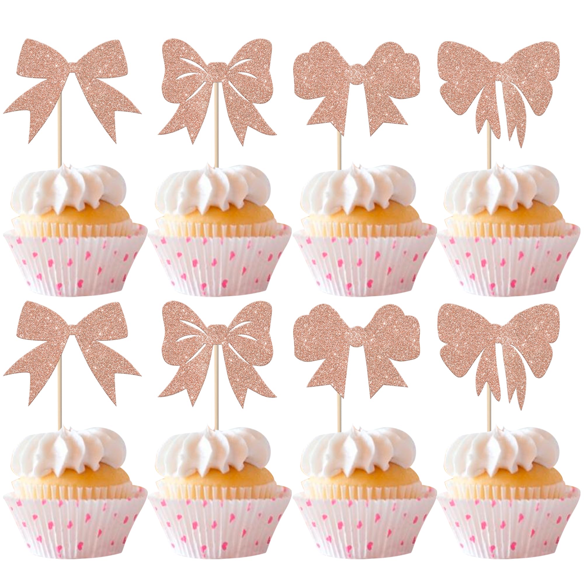 Xsstarmi 24 Pack Bow Cupcake Toppers Bowknot Cupcake Picks Bow Themed Party Cake Decorations for Baby Shower Girls Birthday Wedding Party Decorations Rose Gold