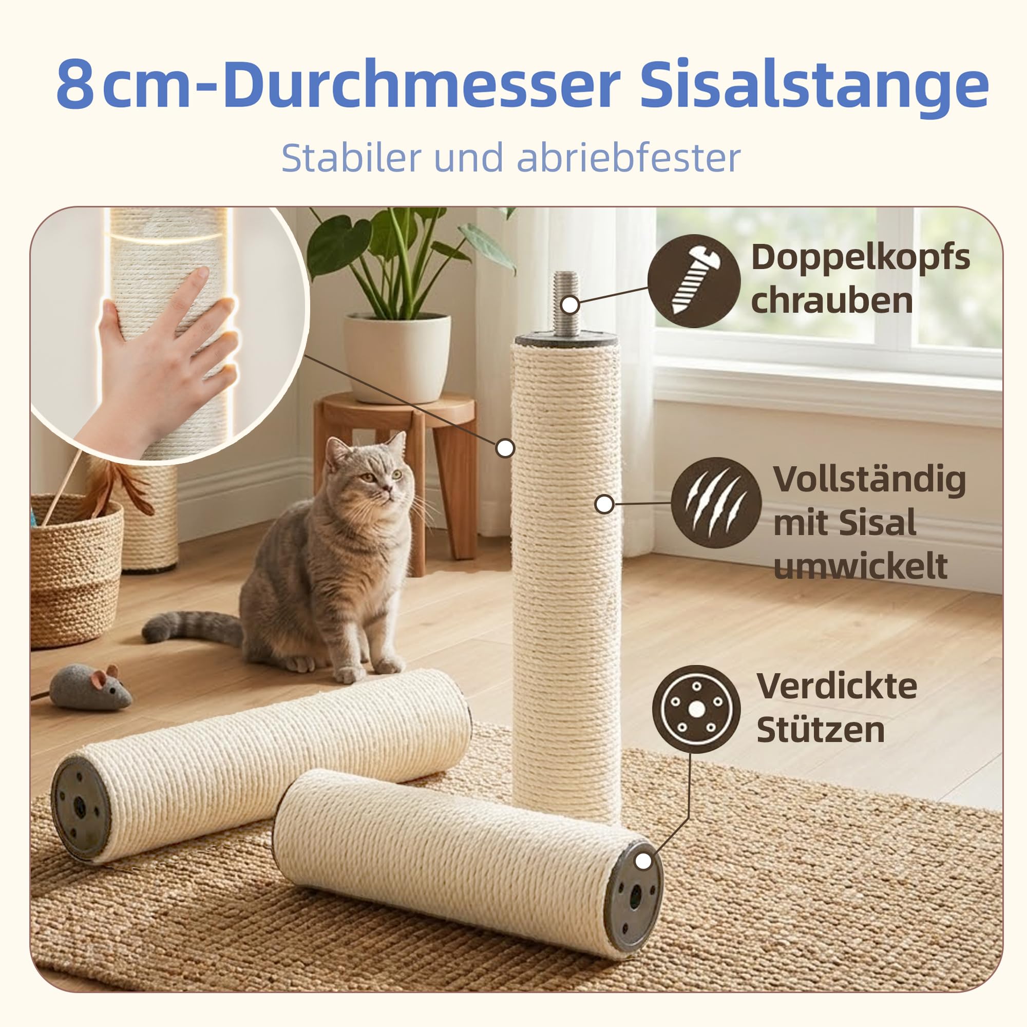 Hey-brother Kratzbaum, Stabil Katzenbaum für große Katzen und Maine Coons, mit 8 cm dicken Sisal-Kratzpfosten, Zwei Plattformen, Zwei Körben, großer Höhle und Fellpflegegerät, Hellgrau EMPJ02W