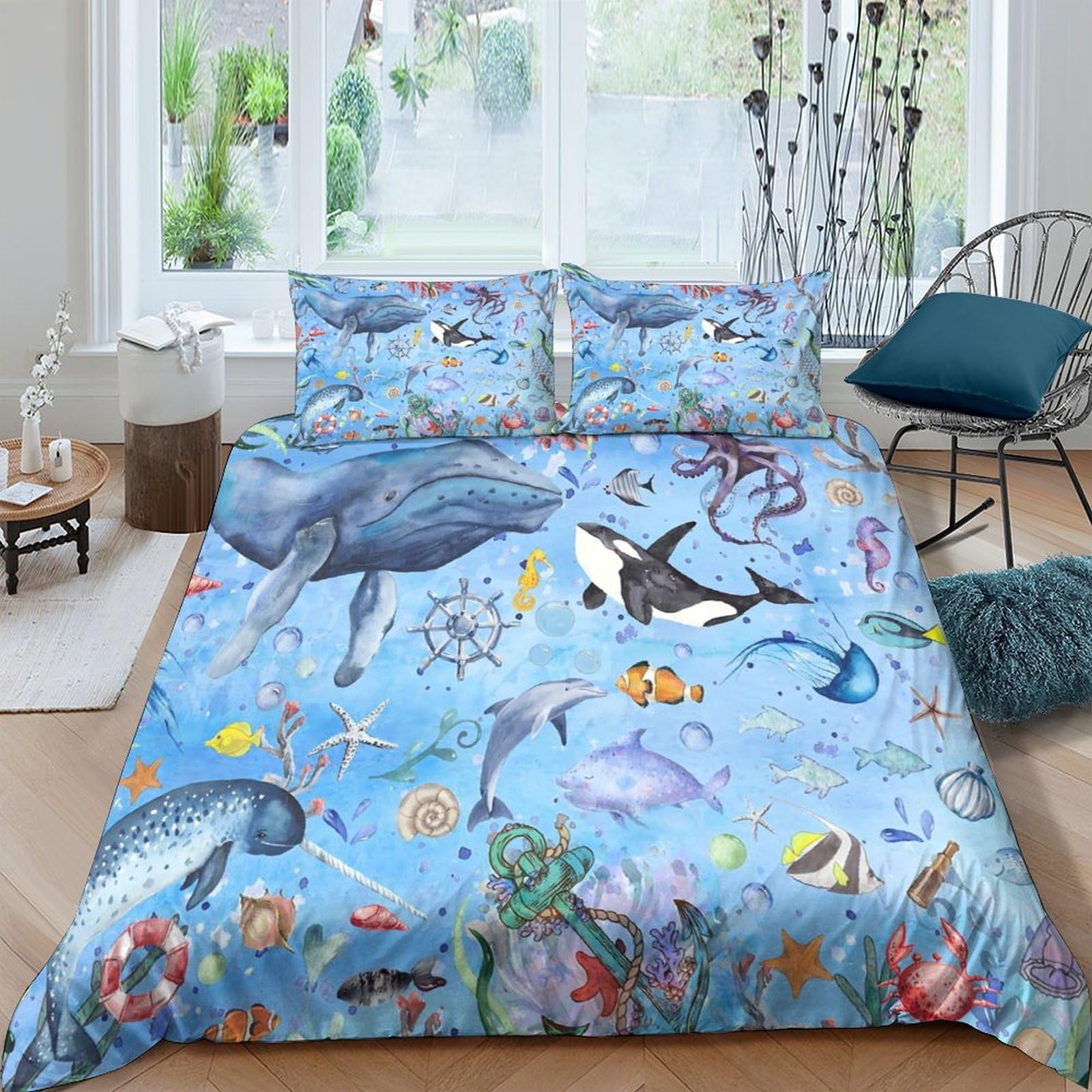 Ctjqhvkz Style-3 3D Printed Ocean Blue Whale Fitted Sheet Microfiber Soft Fish Shark Mattress Cover For Bedroom Guest Room Dorm Decor Single（135X200cm）