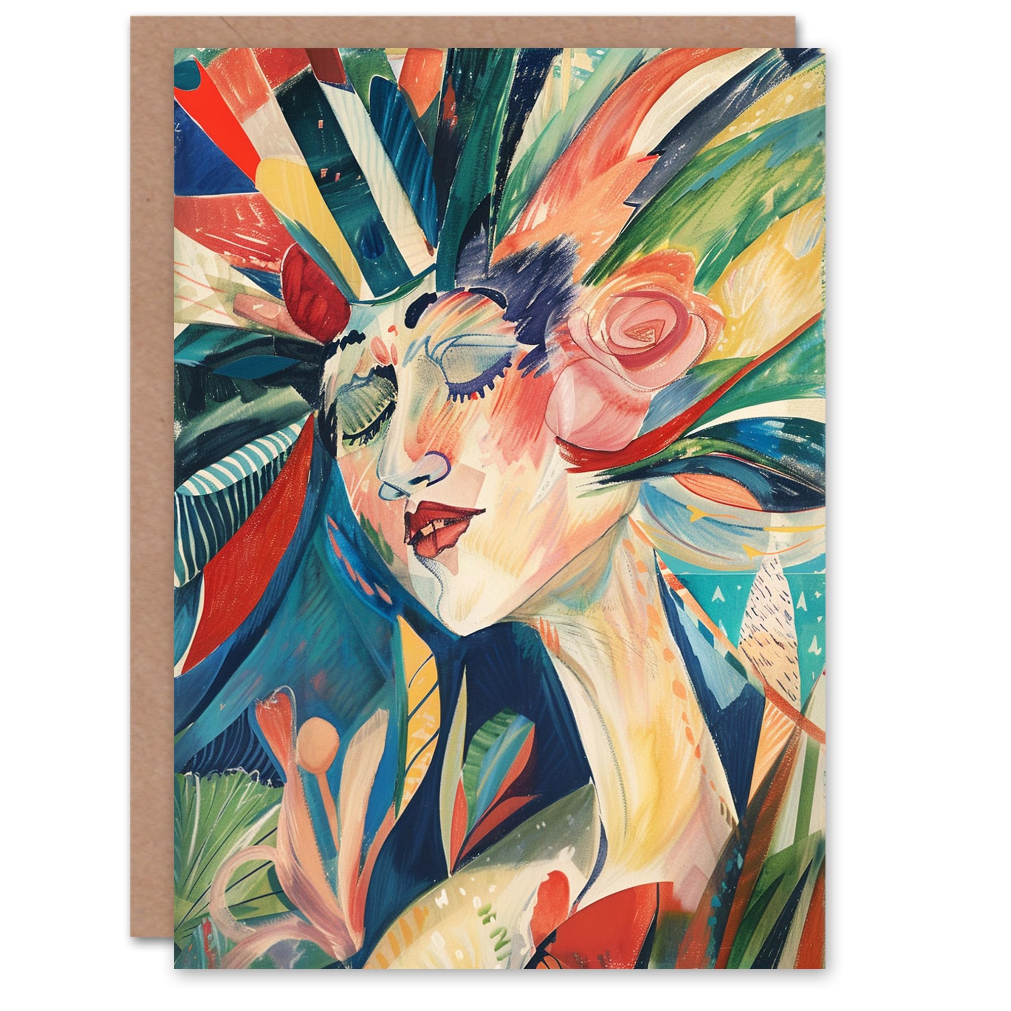 Artery8 Birthday Card Abstract Floral Face Woman Portrait Painting Blank Greeting Card