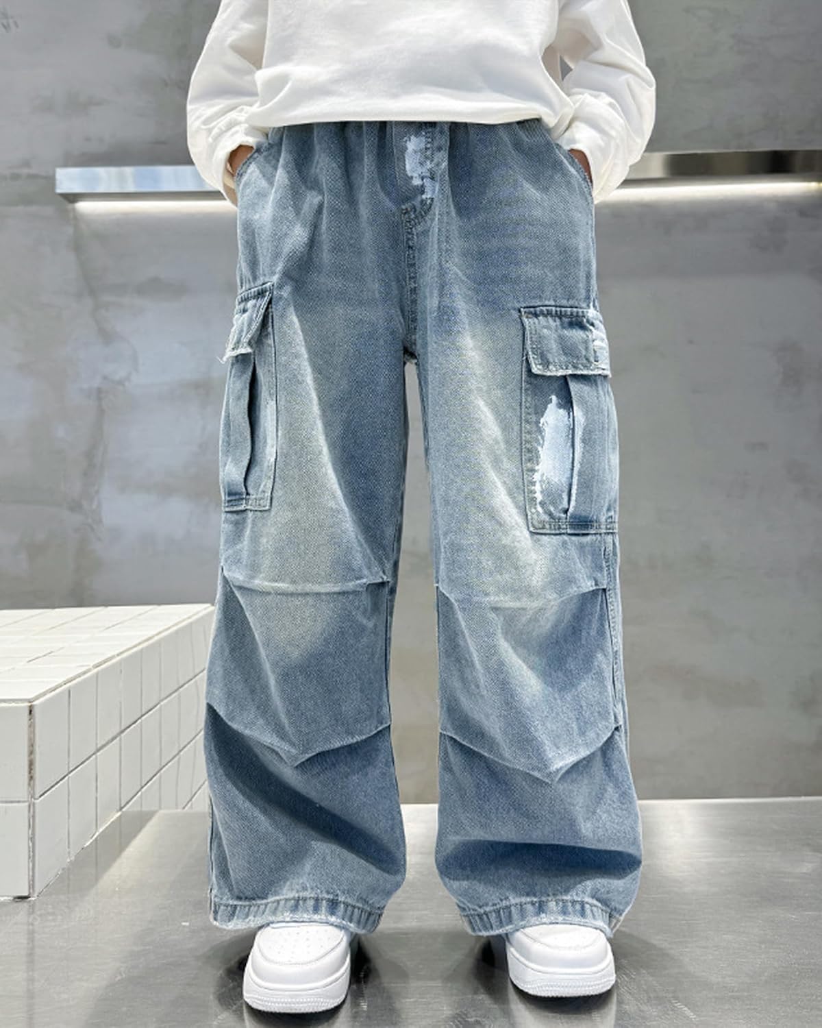 SANGTREE Boys' Baggy Jeans Spray Paint Denim Cargo Pants Hip Hop Streetwear 6-14 Years