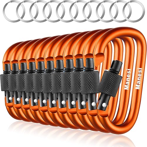 Miniatura 7 de Clips de mosquetón con puerta de tornillo, paquete de 10 mosquetones de aluminio de 3 pulgadas en forma de D, clip para llavero, hebilla de gancho