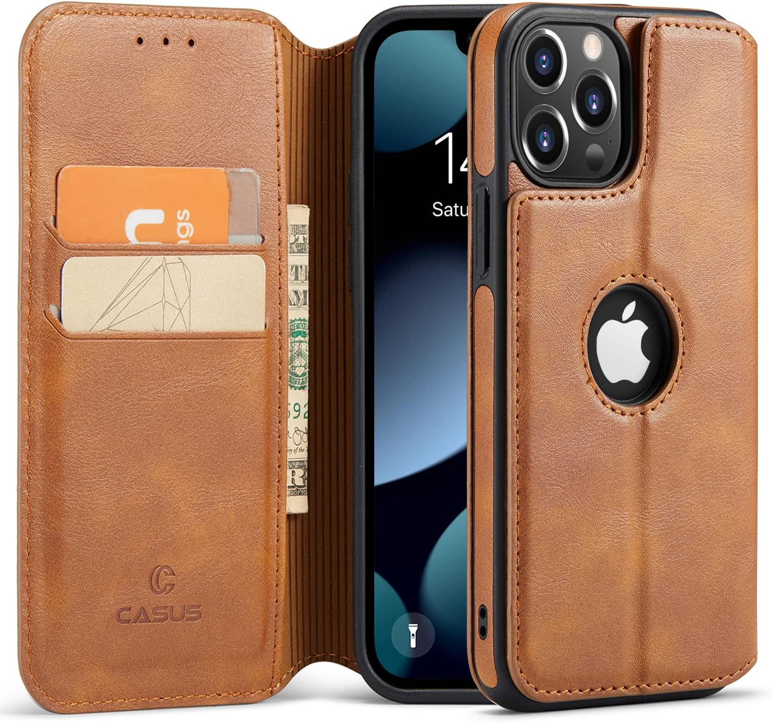 Casus Logo View Compatible with iPhone 13 Pro Max Wallet Case Slim Magnetic Flip Cover Faux Leather with Card Holder Slot Thin Kickstand (2021) 6.7" (Brown)