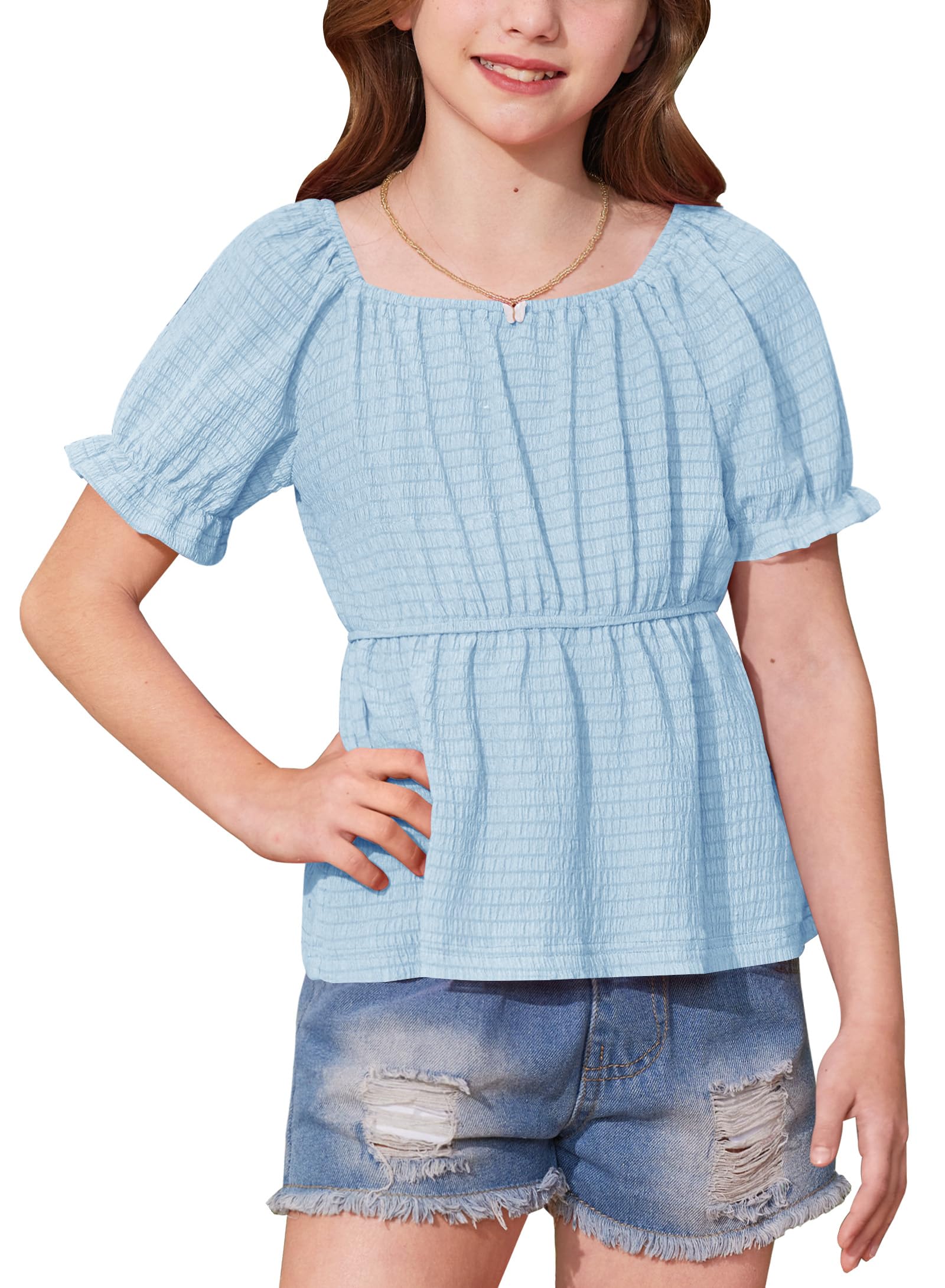 BesserBay Girls Summer Shirts Square Neck Off Shoulder Puff Sleeve Ruffle Hem Casual Tops 6-14 Years