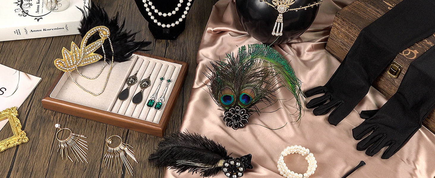 Wevmris Accesorios de flapper de los años 20 para mujer, chal de lentejuelas, tocado de plumas, collar de perlas, aretes, guantes largos Wevmris Accesorios de flapper de los años 20 para mujer, chal de lentejuelas, tocado de plumas, collar de perlas, aretes, guantes largos