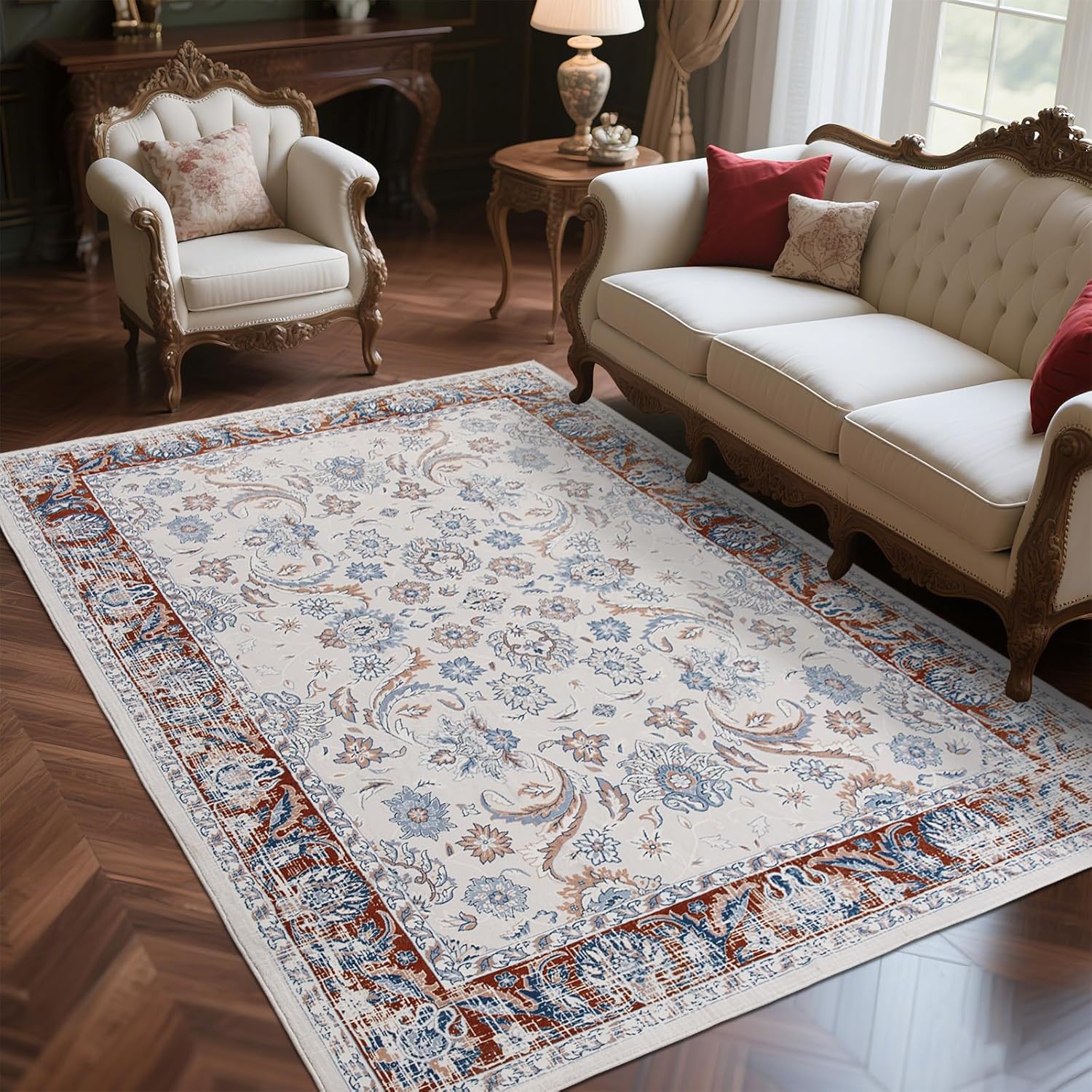 Zentavio Area Rugs 6x9 Washable Non-Slip Kid & Pet Friendly Living Room Carpets Vintage Floral Foldable Thin Low Pile Rug for Bedroom Kitchen Dining Room Blue Red