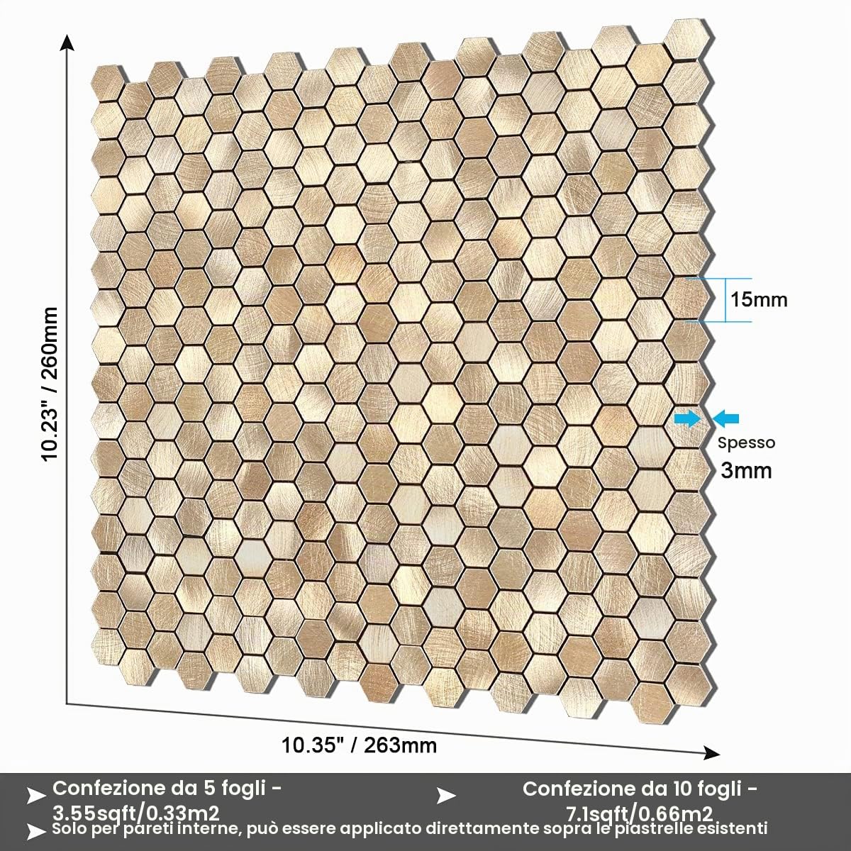 BeNice Piastrelle Esagonali Adesive Mosaico Metalliche Oro 10pezzi