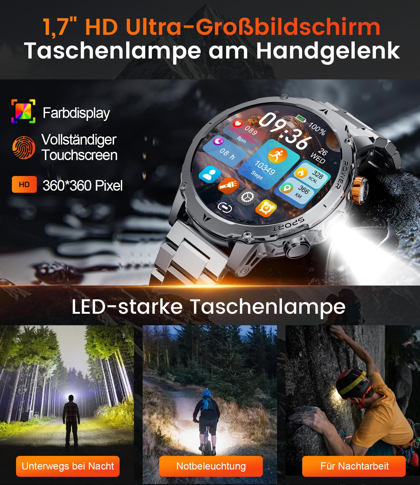 SUNKTA Smartwatch Herren Militär 1000 mAh großer Akku 1,7″ HD Bluetooth Anrufe Smartwatch für iOS Android Fitnessuhr,Herzfrequenz/Schlafmonitor/Schrittzähler,3 Armbänder,2 Ladekabel,Silber Sportuhr