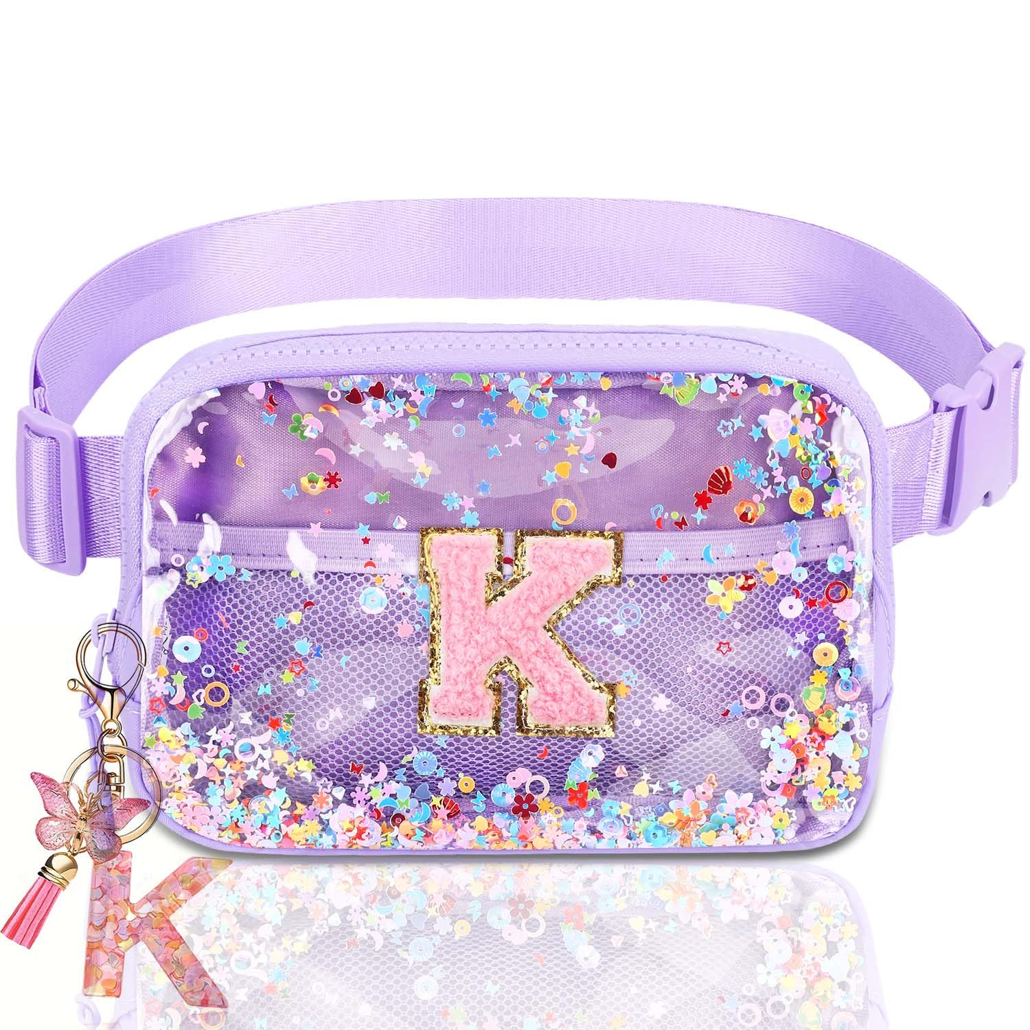 Initial Fanny Pack for Girls - Belt Bag for Teens Kid Teen Girl Kid Birthday Gift Clear Purple K