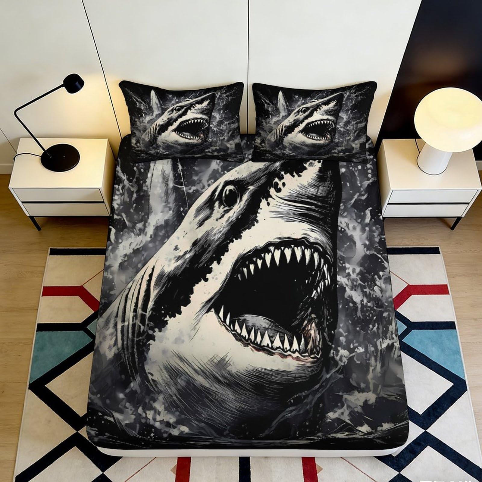 Zfldkwgb Style-1 3D Printed Shark Ocean Fitted Sheet Microfiber Soft Black White Sea Predator Mattress Cover For Bedroom Guest Room Decor 90X200x25cm