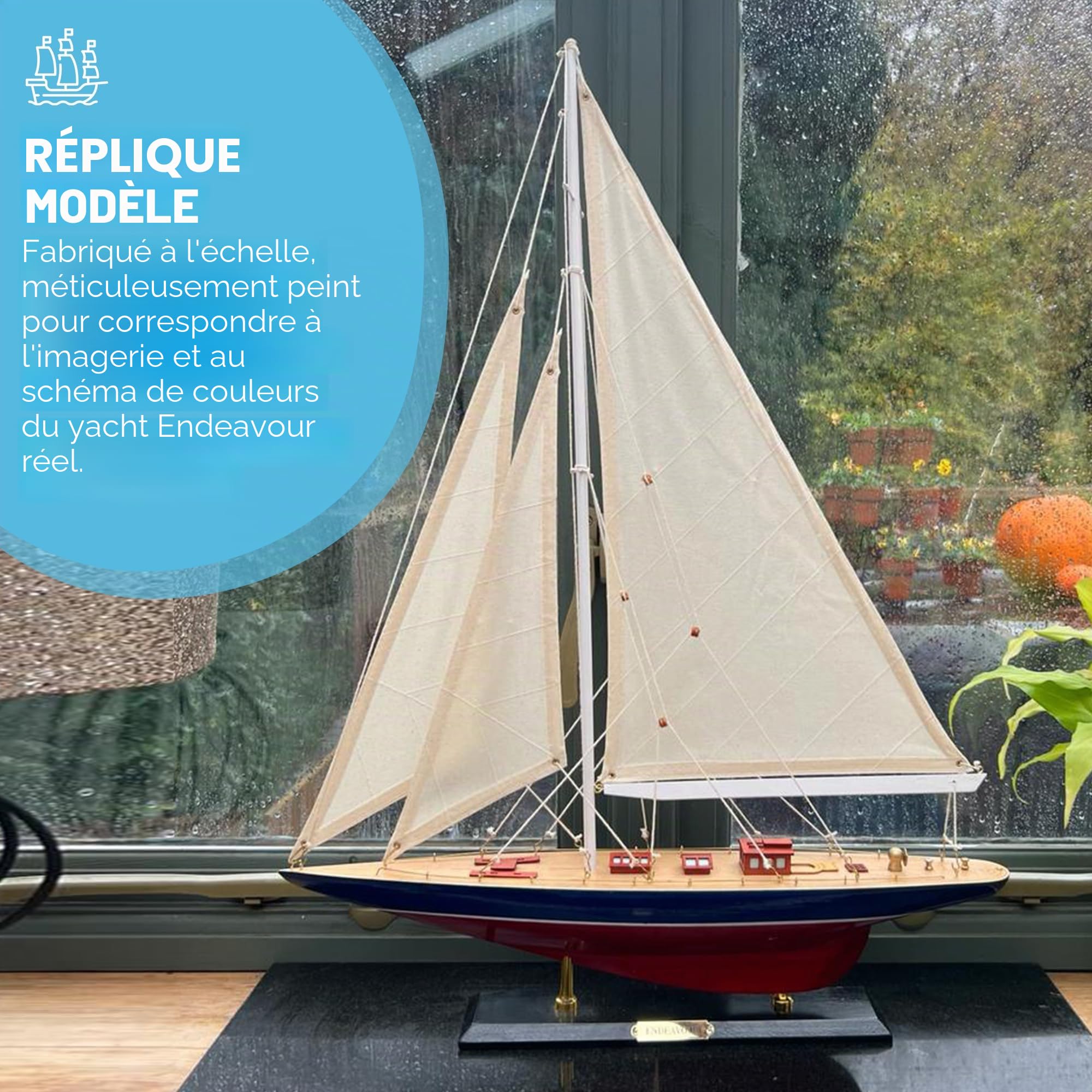 Modèle en bois détaillé de yacht à voile Endeavour Classe J de 50 cm de long | Yacht de course Americas Cup | Ornement nautique | Modèle de voilier | Modèle de yacht à voile Endeavour | Kit de bateau