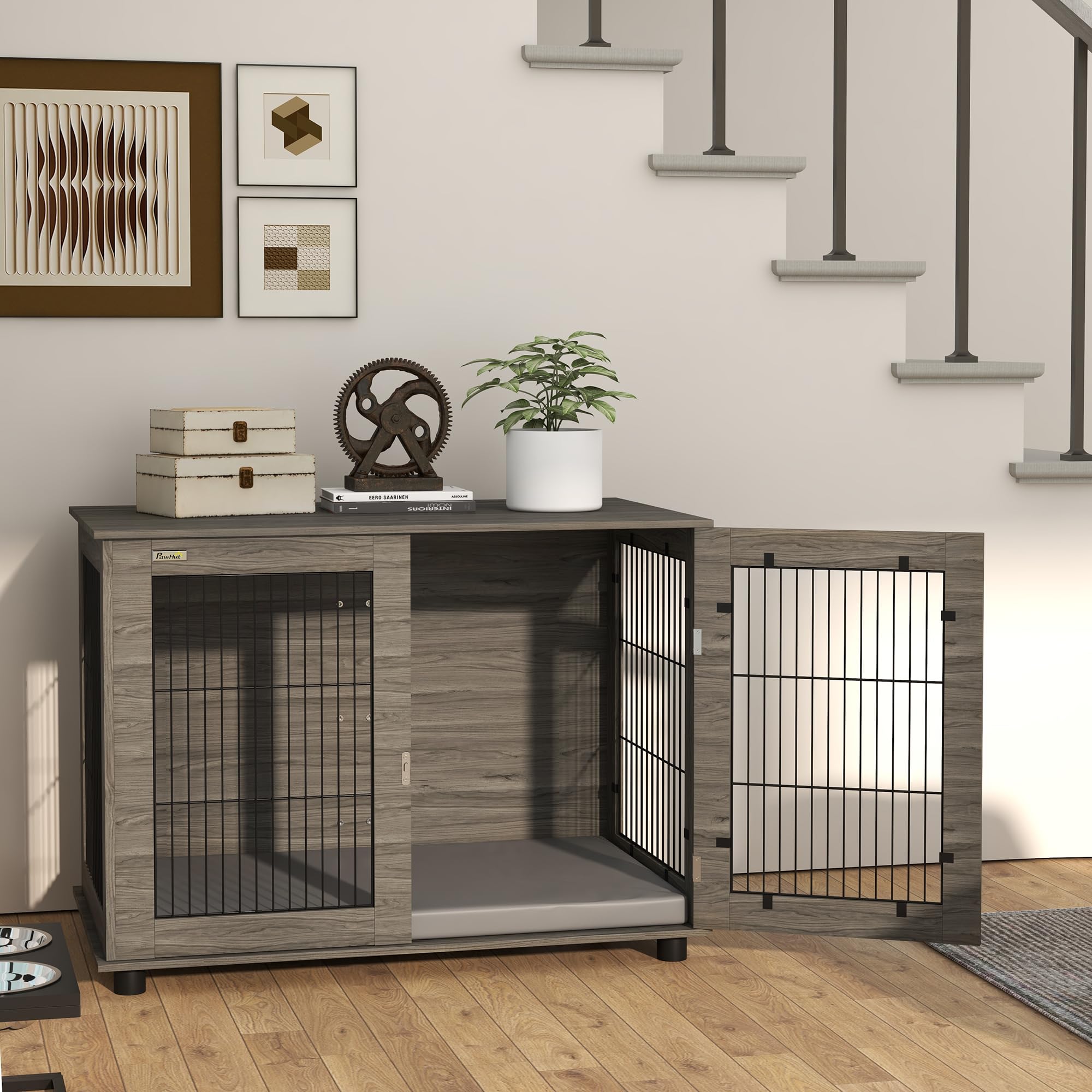 PawHut Cage pour Chien intérieur Table d'appoint 100 x 60 x 73,5 cm Niche pour Chiens jusqu'à 30 kg avec Coussin déhoussable Porte verrouillable Gris