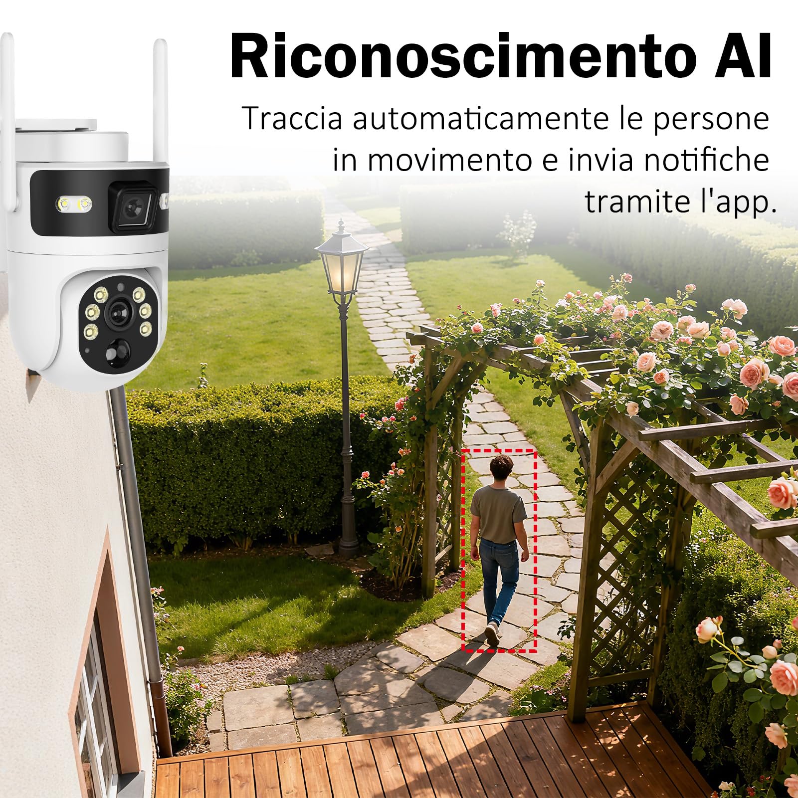 Telecamera sorveglianza solare 4G SIM esterno, Allarme solo person | 4G LTE senza WiFi, doppio pannello solare, doppia telecamera con tracking umano, visione notturna a colori, audio 2 vie