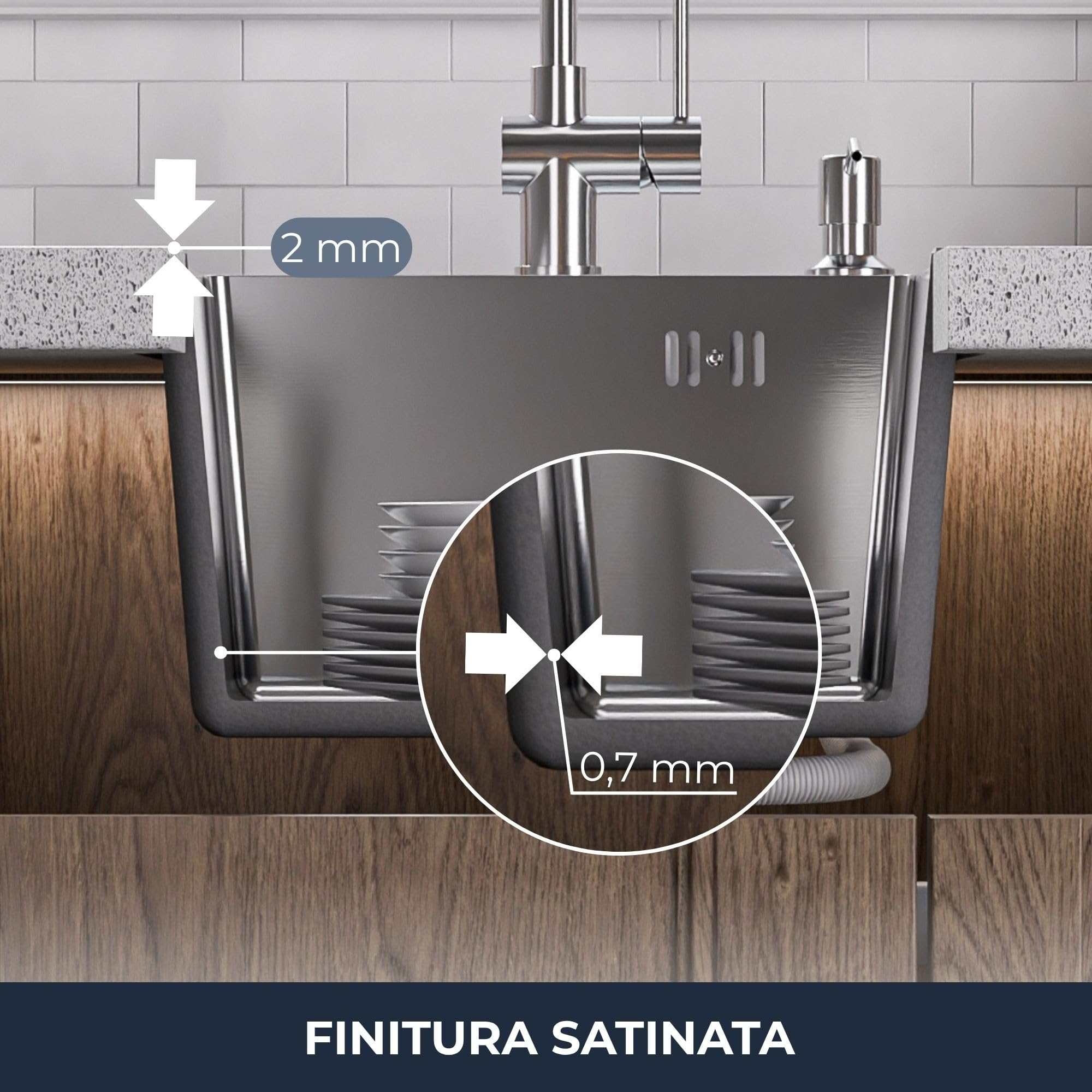 ANW HOME Lavello Cucina 1 Vasca 38x38 cm, Acciaio Inox 304 | Finitura Satinata, Spessore 2/0,7 mm, Profondità 20 cm, Con Sifone
