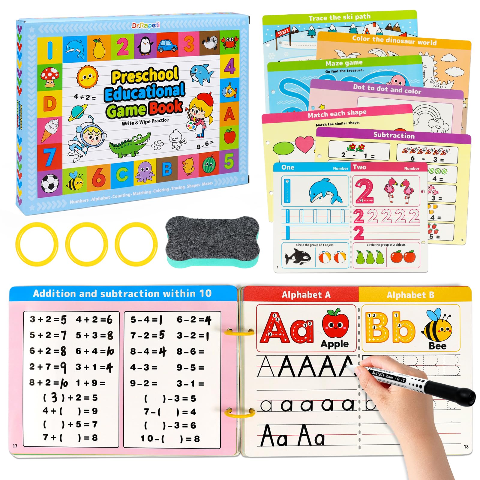 Dr.rapeti Busy Book, Activity Workbook, Dry Erase Markers, Preschool Montessori Busy Book with Figures, Activities Letter Tracing, Sensory Activity Book, Reusable Handwriting Workbooks for 3 years+