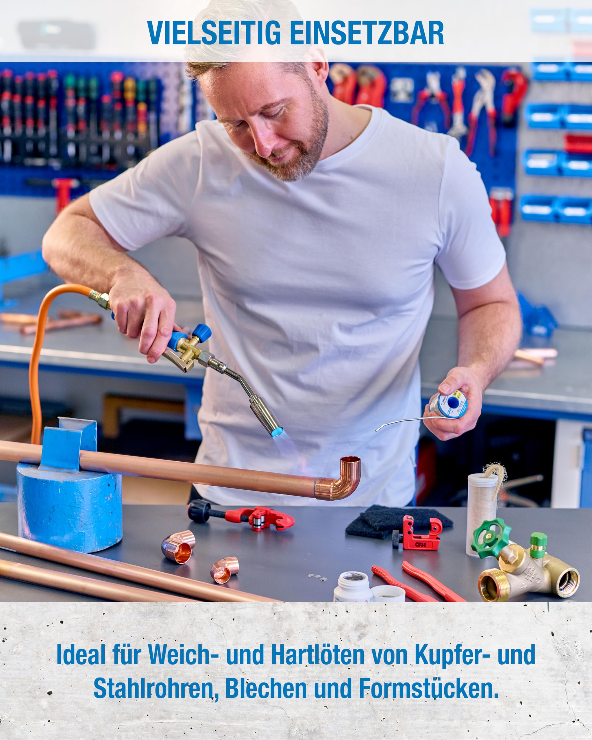 CFH Lötkoffer Turbo Lötprofi LK 2000 - 16-teiliges Lötset zum Hartlöten mit Gas Lötbrenner und Löt Zubehör, Umfangreiches Lötkolben Set im Kunststoffkoffer