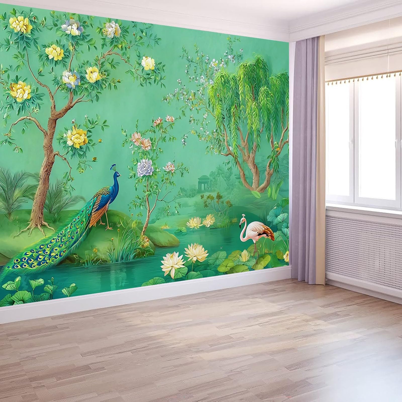 Tapeta z włókniny zielona 350 x 256 cm, tradycyjne zwierzęta paw różowy flaming tapeta 3D, fototapeta do salonu, pokoju dziecięcego, biura, przedpokój, dekoracje ścienne, obrazy ścienne