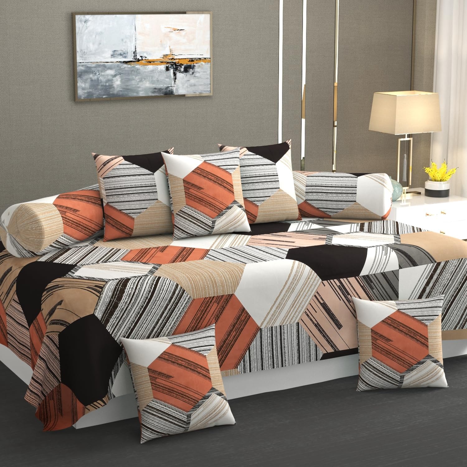 100% Pure Cotton Diwan Set Covers 8 Pieces Pure Cotton Designer Printed Standard Diwan Set 300 TC (1 Single Bedsheet, 2 Bolster Covers, 5 Cushion Covers) (LVT-DS 011)-image-45