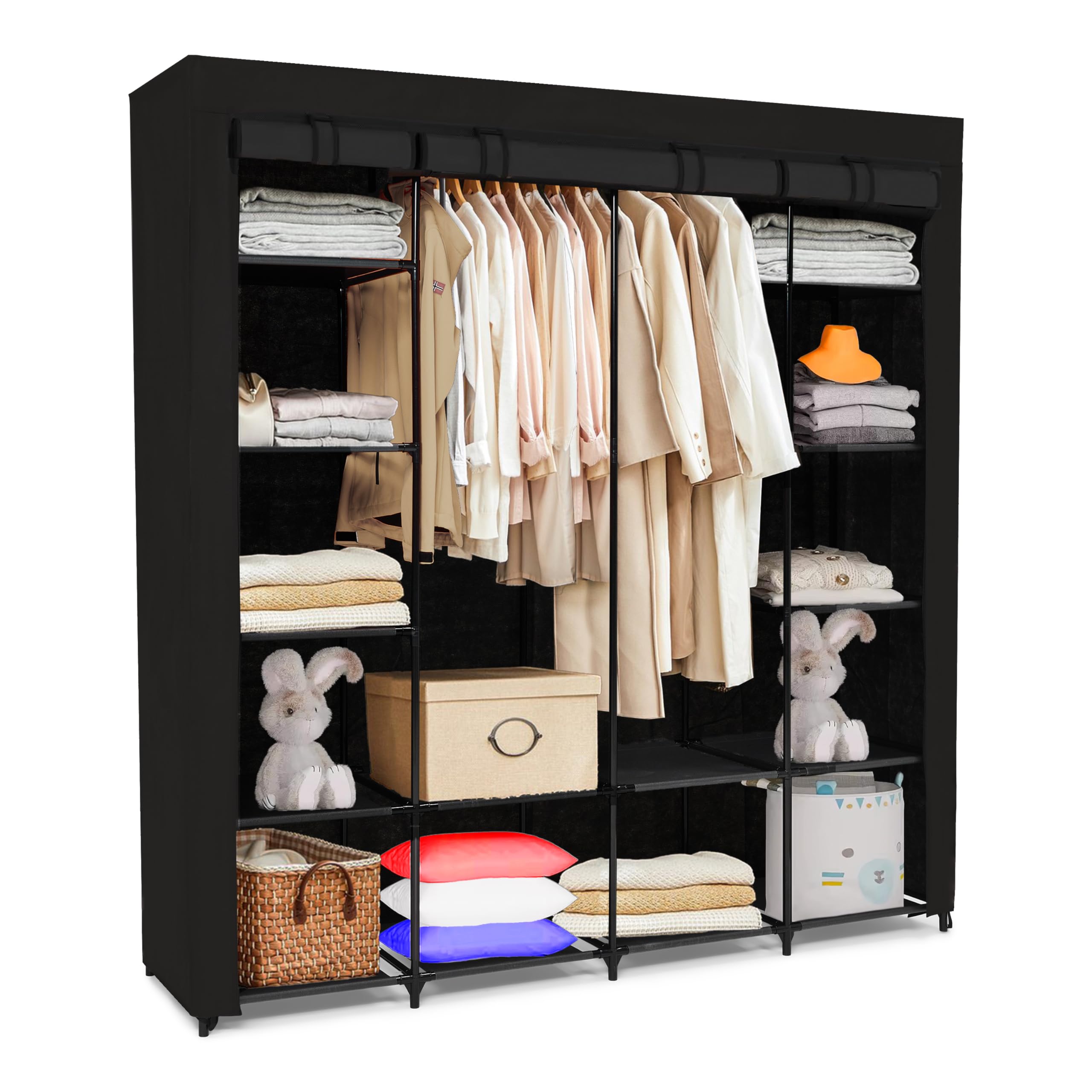 Brixy XXL Stoff Kleiderschrank faltbar, Garderobenschrank mit Reißverschluss, 175 x 170 x 45 cm, Schwarz